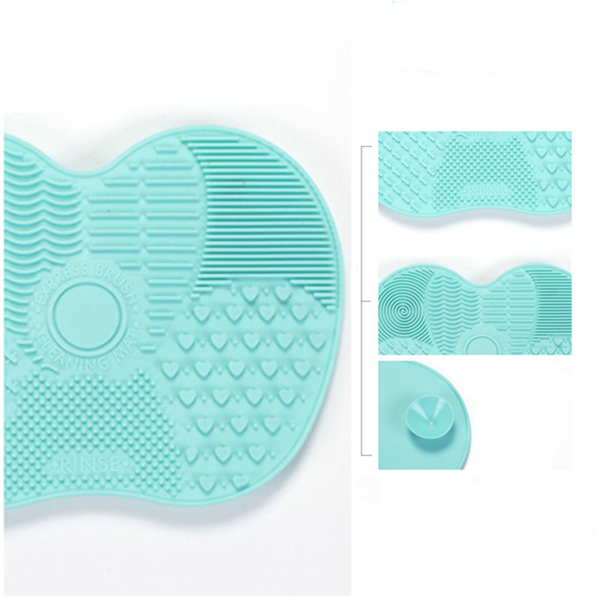 Turquoise siliconenmat voor het reinigen van make-upkwasten met diverse texturen en een zuignap.