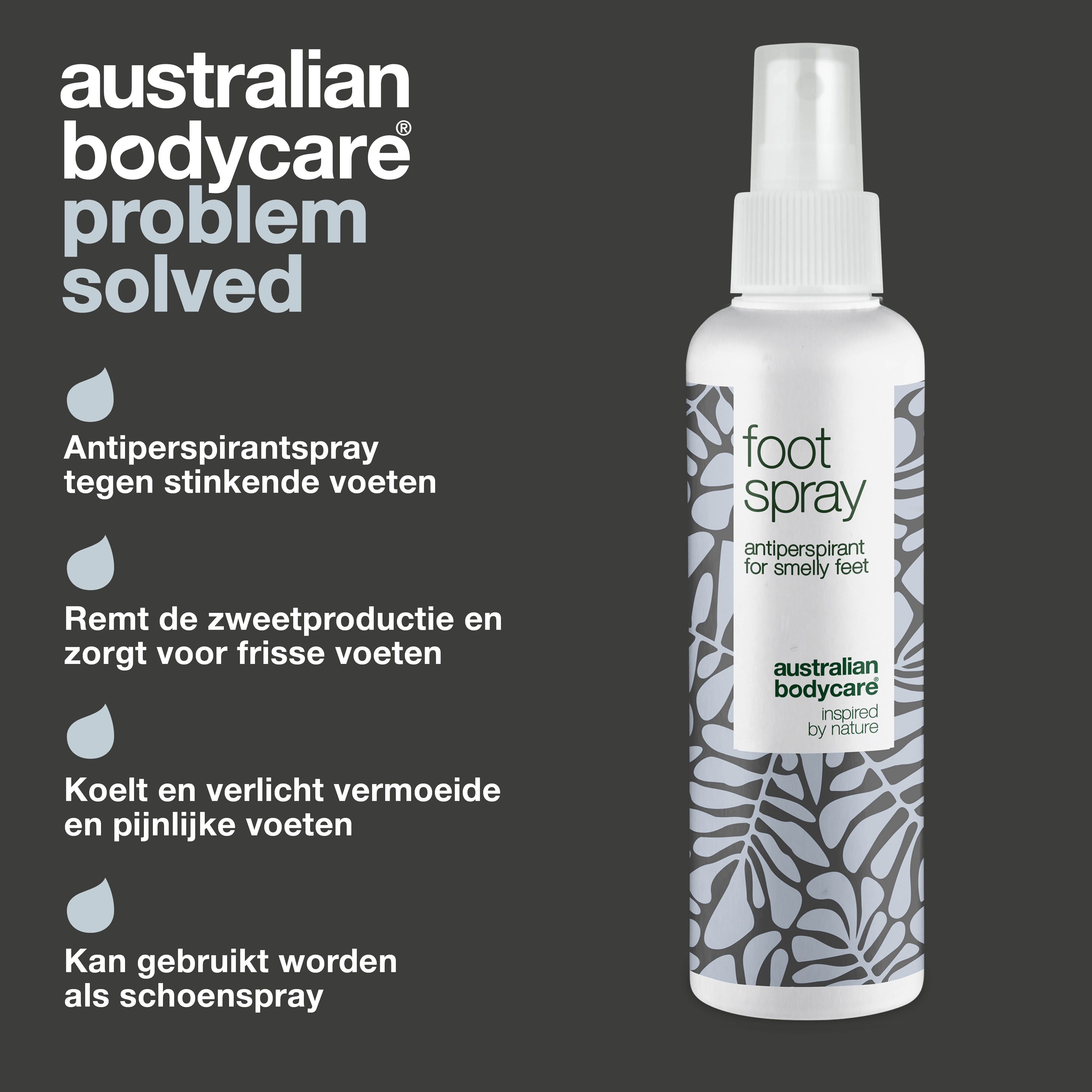 Voetensprayfles. Tekst: Antiperspirantspray tegen stinkende voeten, remt de zweetproductie, Australian Bodycare.