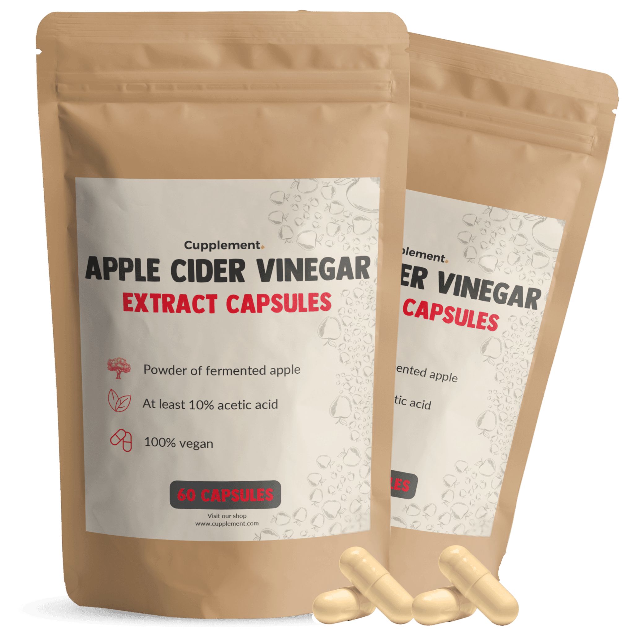 Deux sachets de gélules de vinaigre de cidre. Inscription : Apple Cider Vinegar Extract Capsules. Quelques gélules à côté.