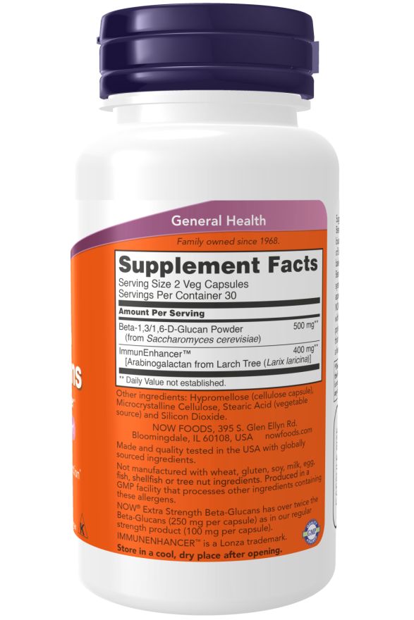 Achterkant van de fles. Oranje etiket met tekst: Supplement Facts, ingrediënten, NOW FOODS logo, informatie.