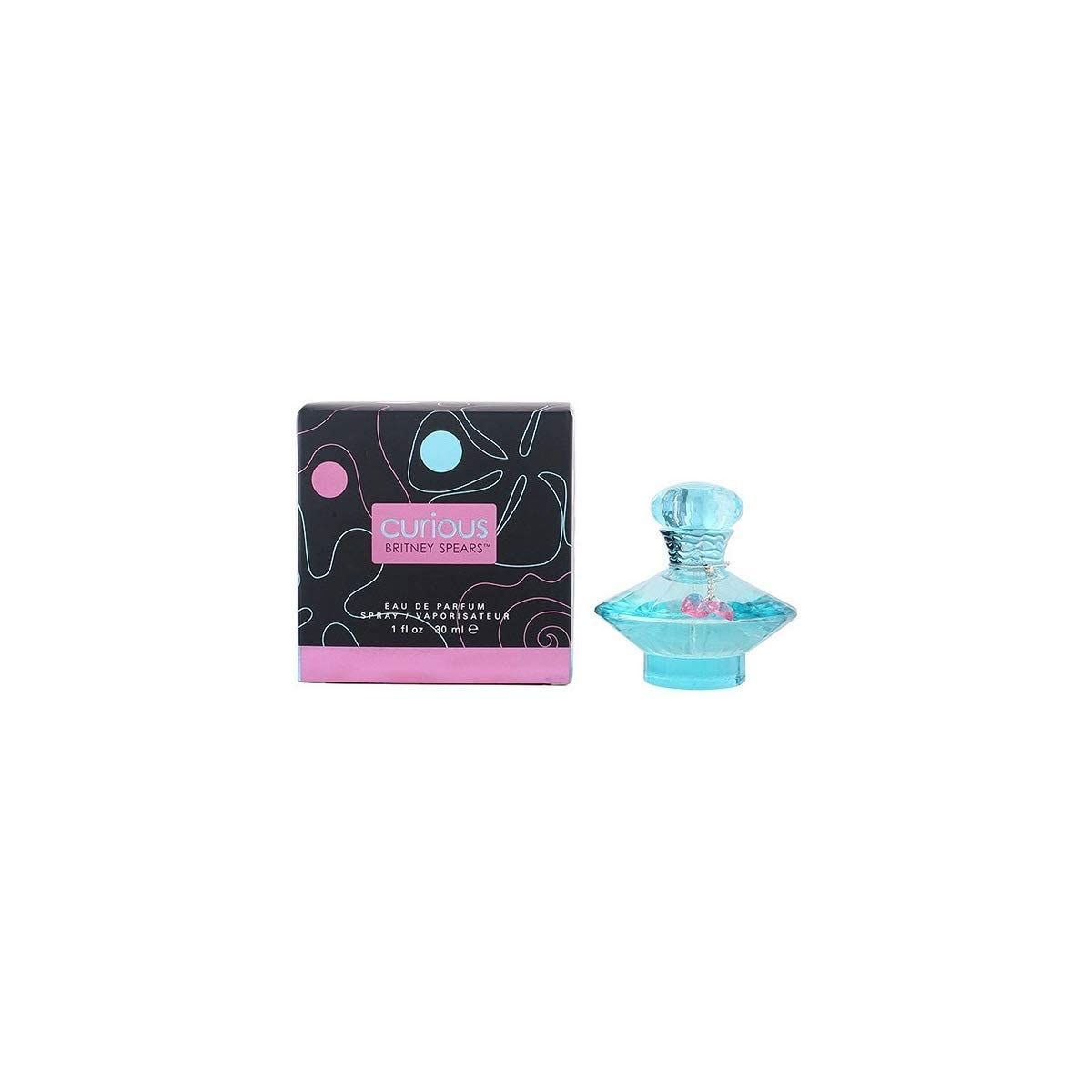 Parfumfles en doos. Fles lichtblauw, doos zwart met roze en blauwe cirkels. Opschrift: Curious Britney Spears.