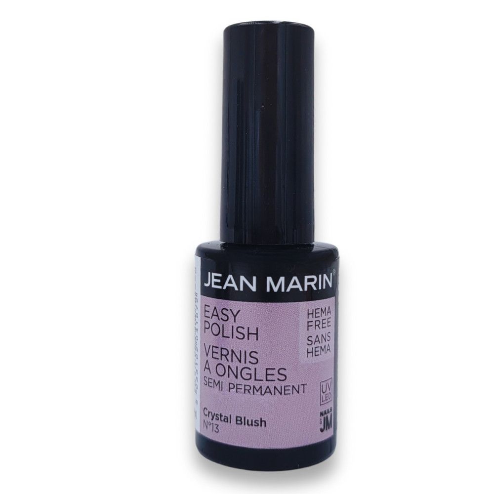 Flacon de vernis à ongles avec bouchon noir. Inscription : JEAN MARIN, EASY POLISH, VERNIS A ONGLES SEMI PERMANENT. Couleur : Crystal Blush.