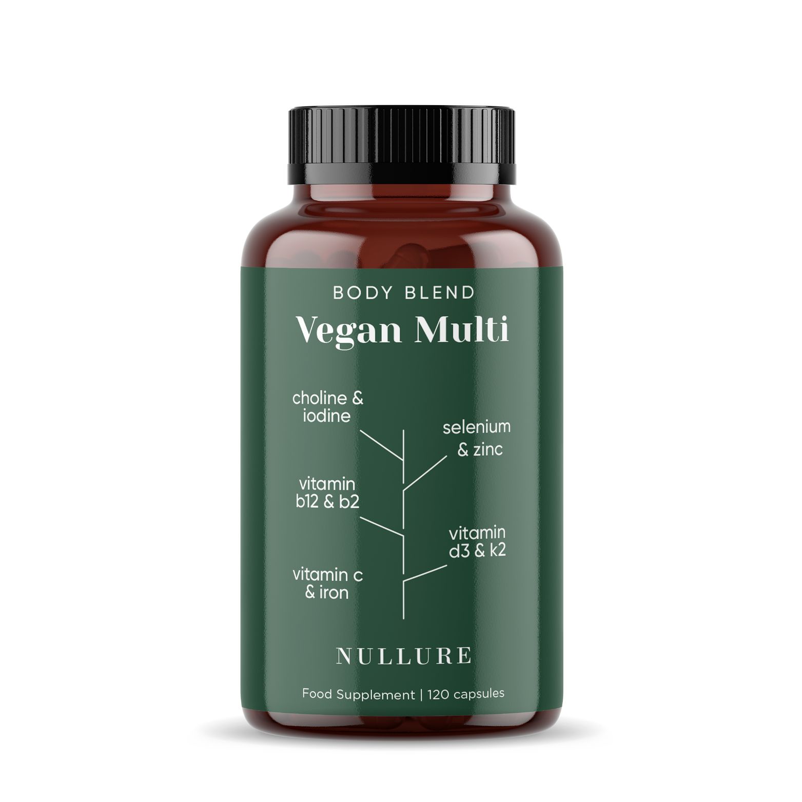 Groene fles met capsules. Tekst: Vegan Multi, Body Blend. Bevat choline, jodium, vitamine B12, vitamine D3, selenium en zink.