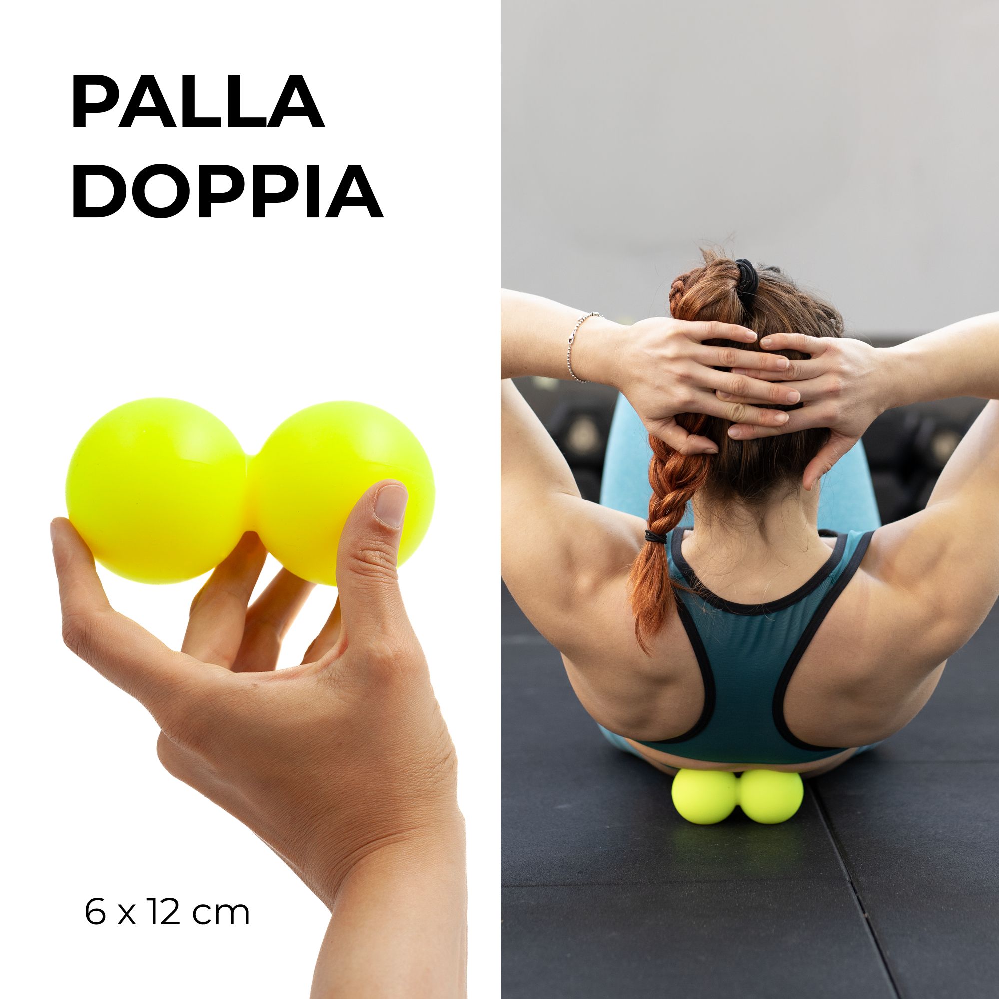 Ballon double jaune (6x12 cm) tenu en main et utilisé sur le dos.