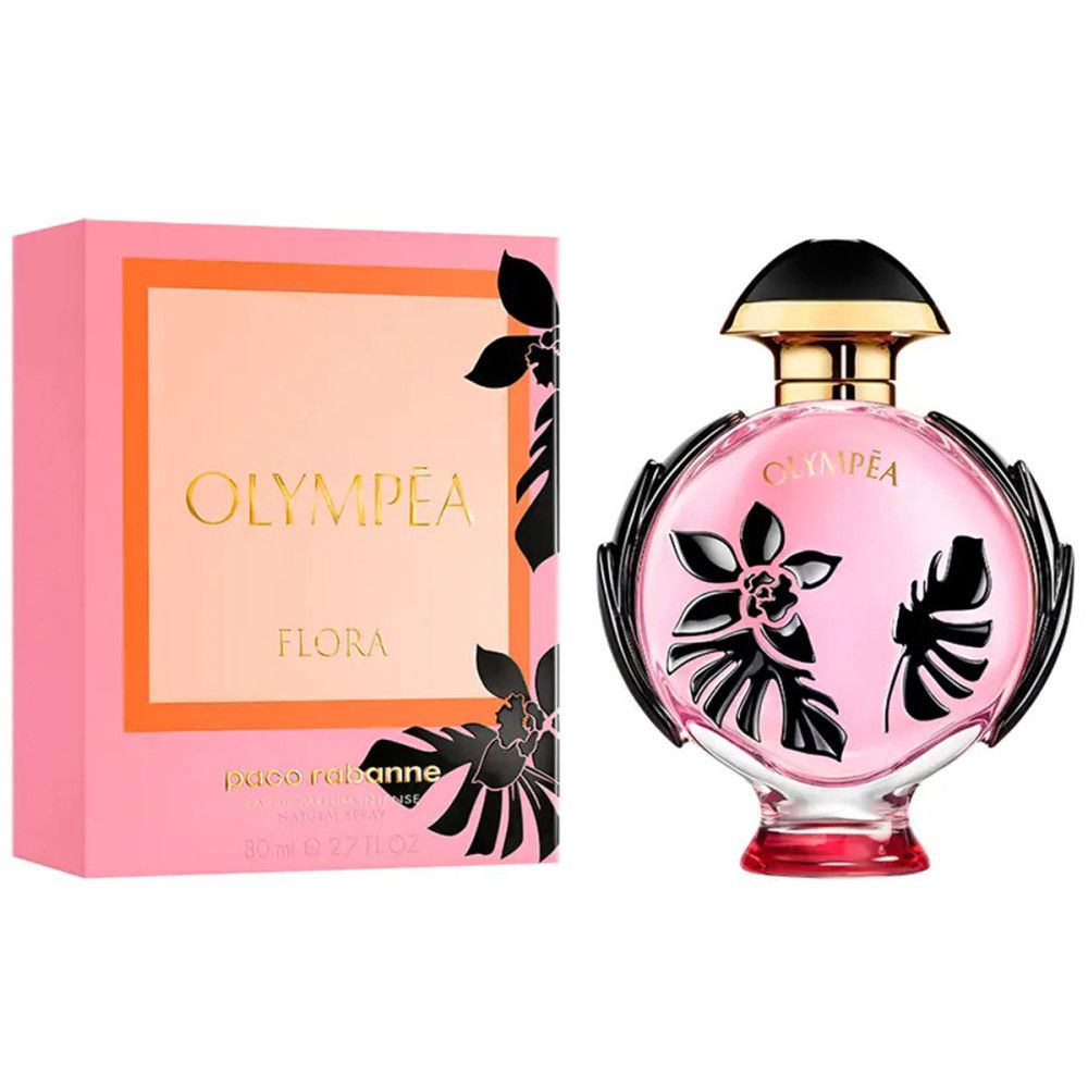 Roze fles met zwarte bloemdecoratie en verpakking. Opschrift: OLYMPÉA FLORA. Merk: Paco Rabanne.