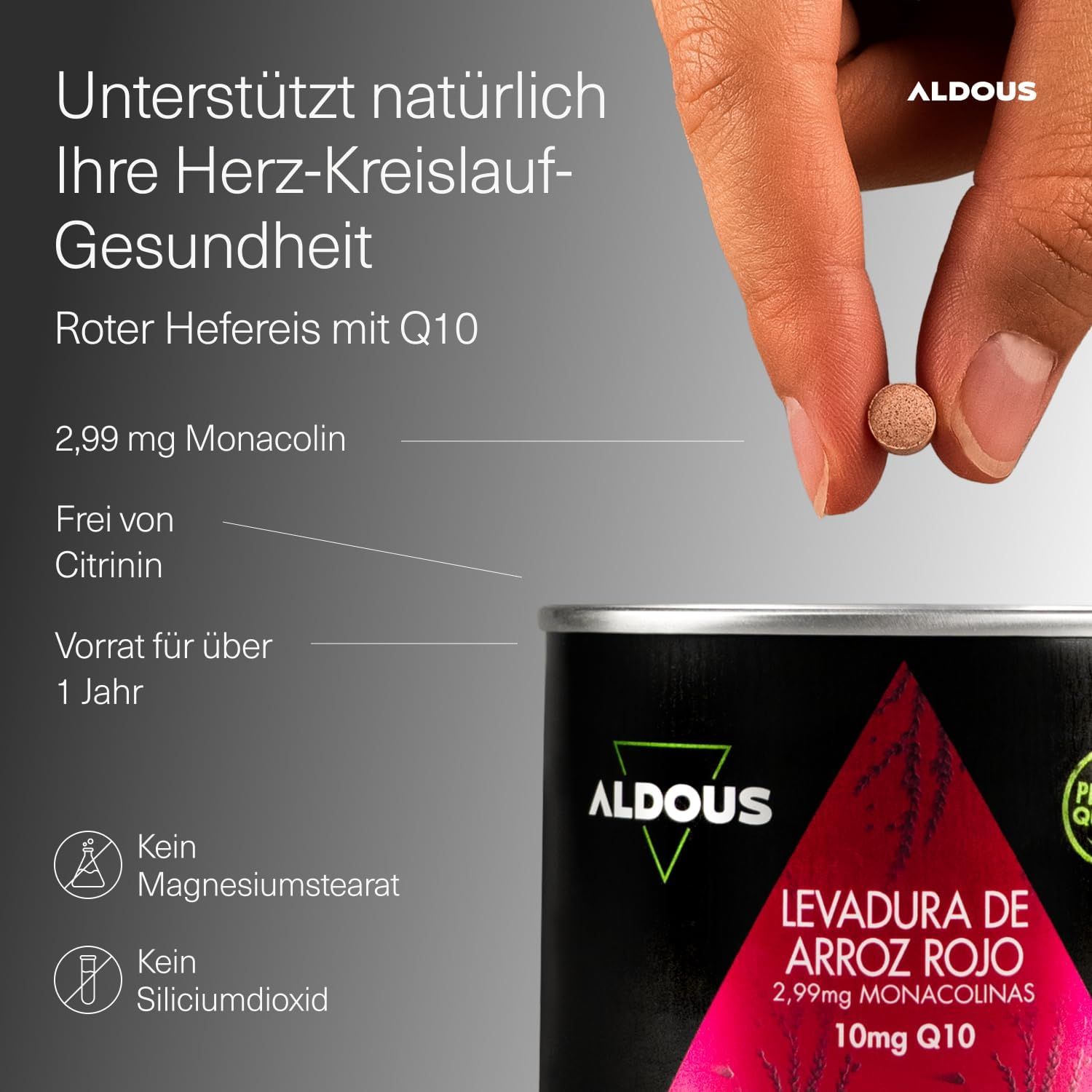 Aldous Rode Rijst met Q10: 2,99mg monacolines, vrij van citrinine, geen magnesiumstearaat/siliciumdioxide.