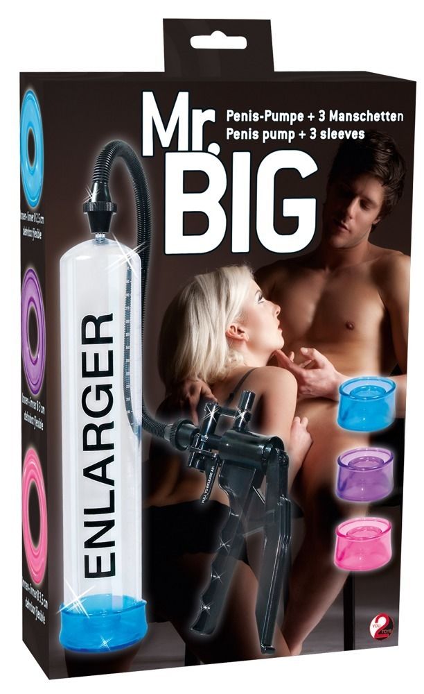 Emballage de la pompe à pénis « Mr. Big » avec image d'un couple et trois manchons colorés (bleu, violet, rose).