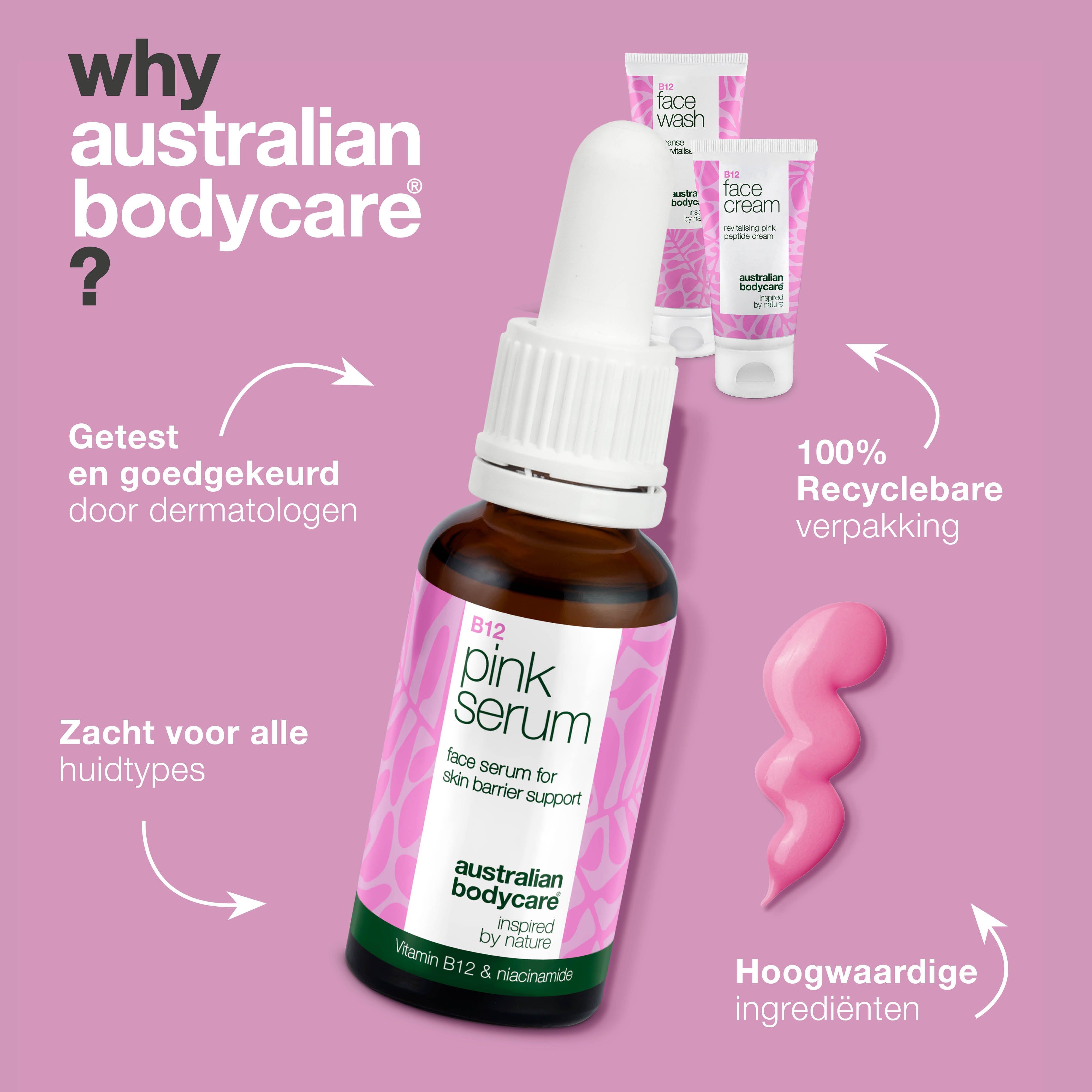 Serumfles, Face Wash en crème. Tekst: Dermatologisch getest, geschikt voor alle huidtypes. Merk: Australian Bodycare.