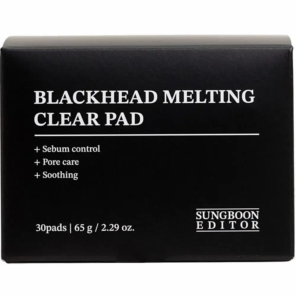 Emballage noir avec texte blanc. Inscription: Blackhead Melting Clear Pad. 30 pads, 65 g / 2.29 oz. Marque: SUNGBOON EDITOR.