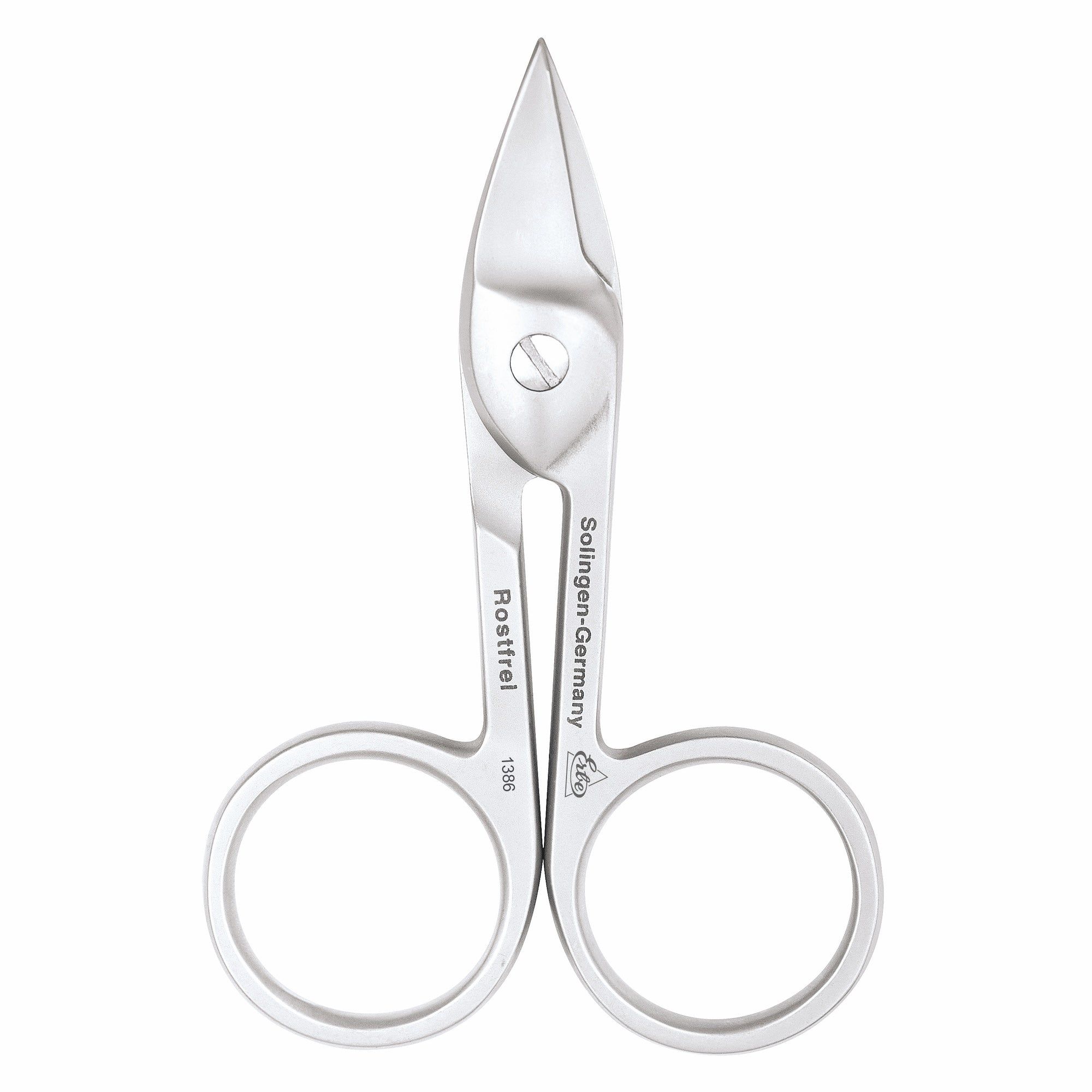 Roestvrijstalen nagelschaar. Roestvrij, Solingen-Duitsland. Met ronde handgrepen en puntige bladen. Opschrift: Rostfrei 1386.