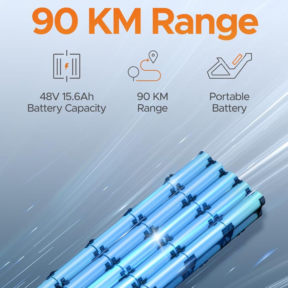 Batterijdisplay met tekst: 48V 15.6Ah capaciteit, 90 KM bereik, draagbare batterij. Blauwe batterijen.