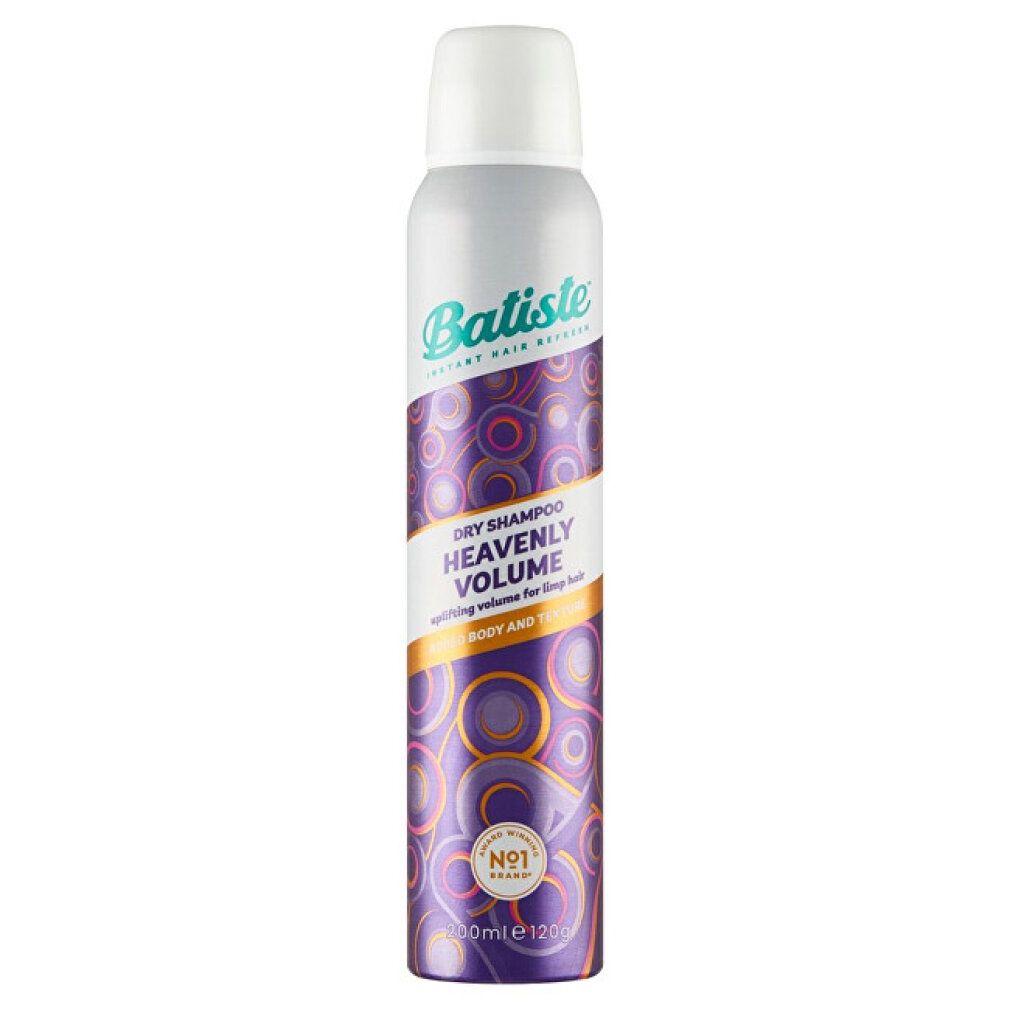 Droogshampoo fles met witte dop. Opschrift: Batiste, Heavenly Volume. Paarse en gouden patronen. Nr. 1.