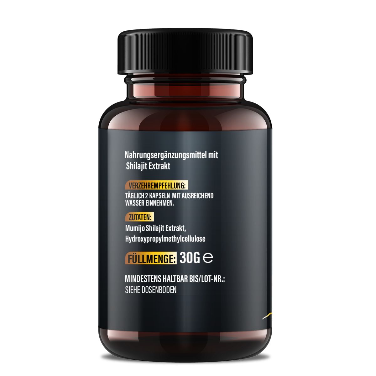 Dos d'une bouteille marron avec bouchon noir. Texte : Complément alimentaire avec extrait de Shilajit. Ingrédients, volume.
