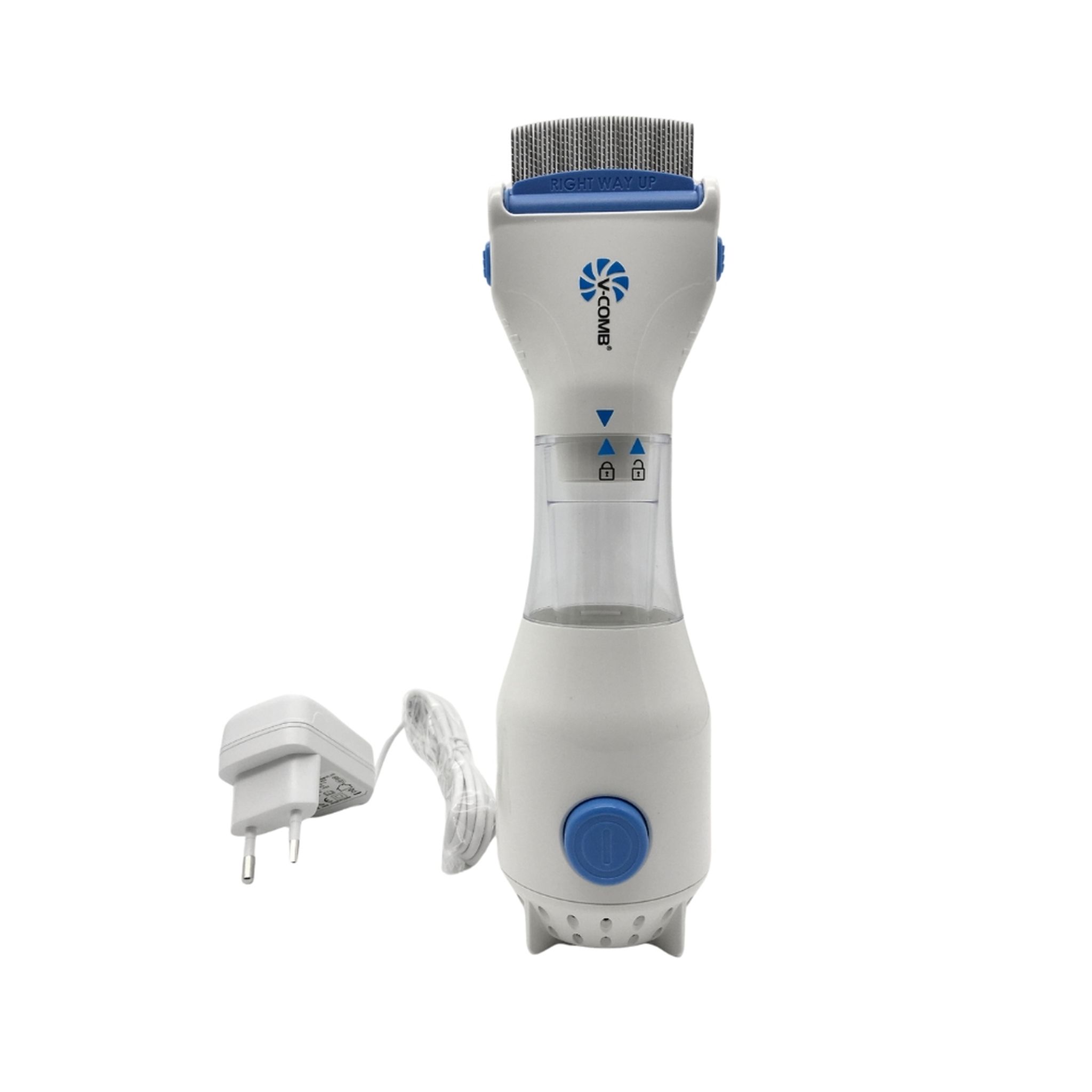 Peigne anti-poux blanc avec bouton et peigne bleus. Adaptateur secteur et câble. Logo V-Comb.