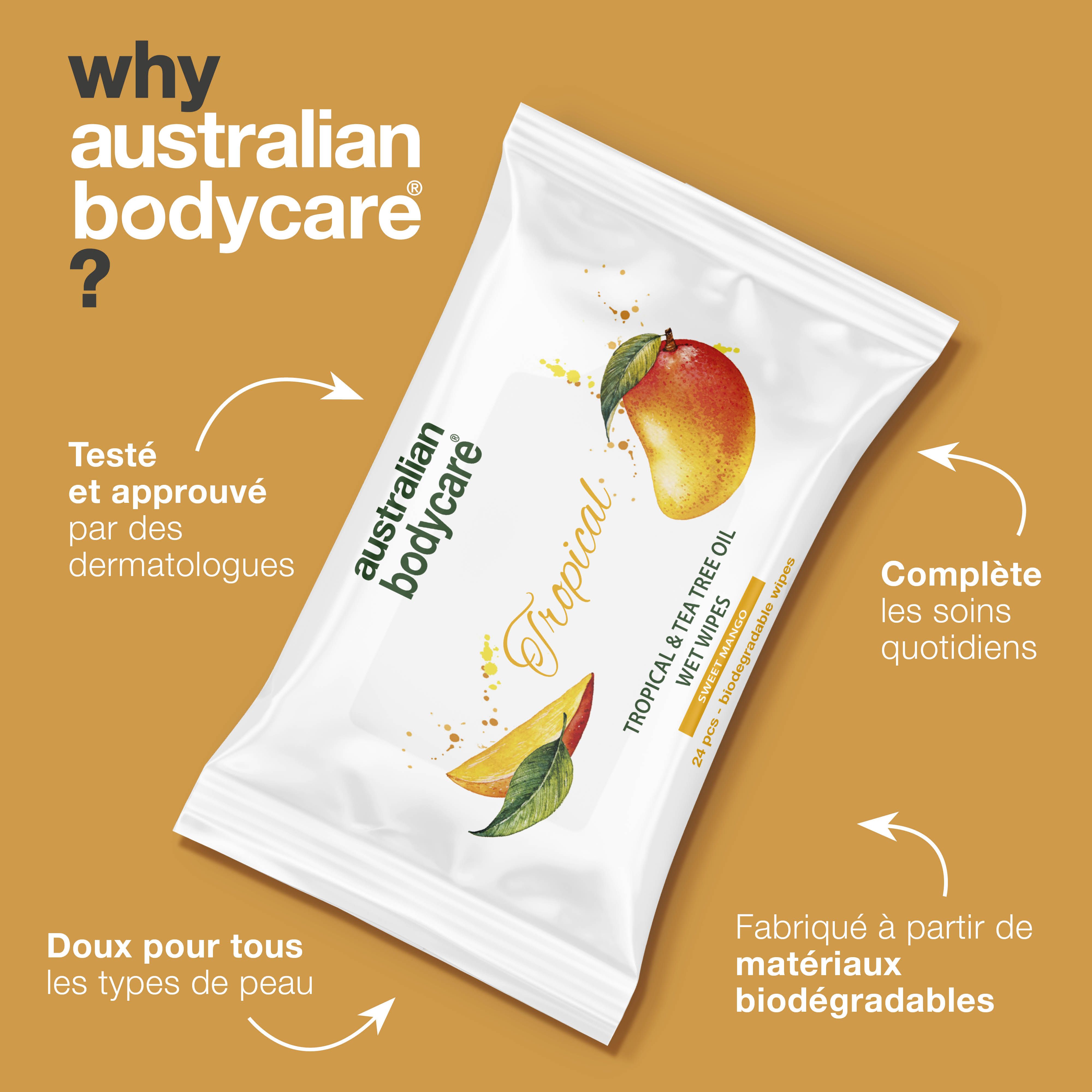 Emballage de lingettes. Texte : Pourquoi Australian Bodycare ? Testé par des dermatologues. Doux pour tous types de peau.