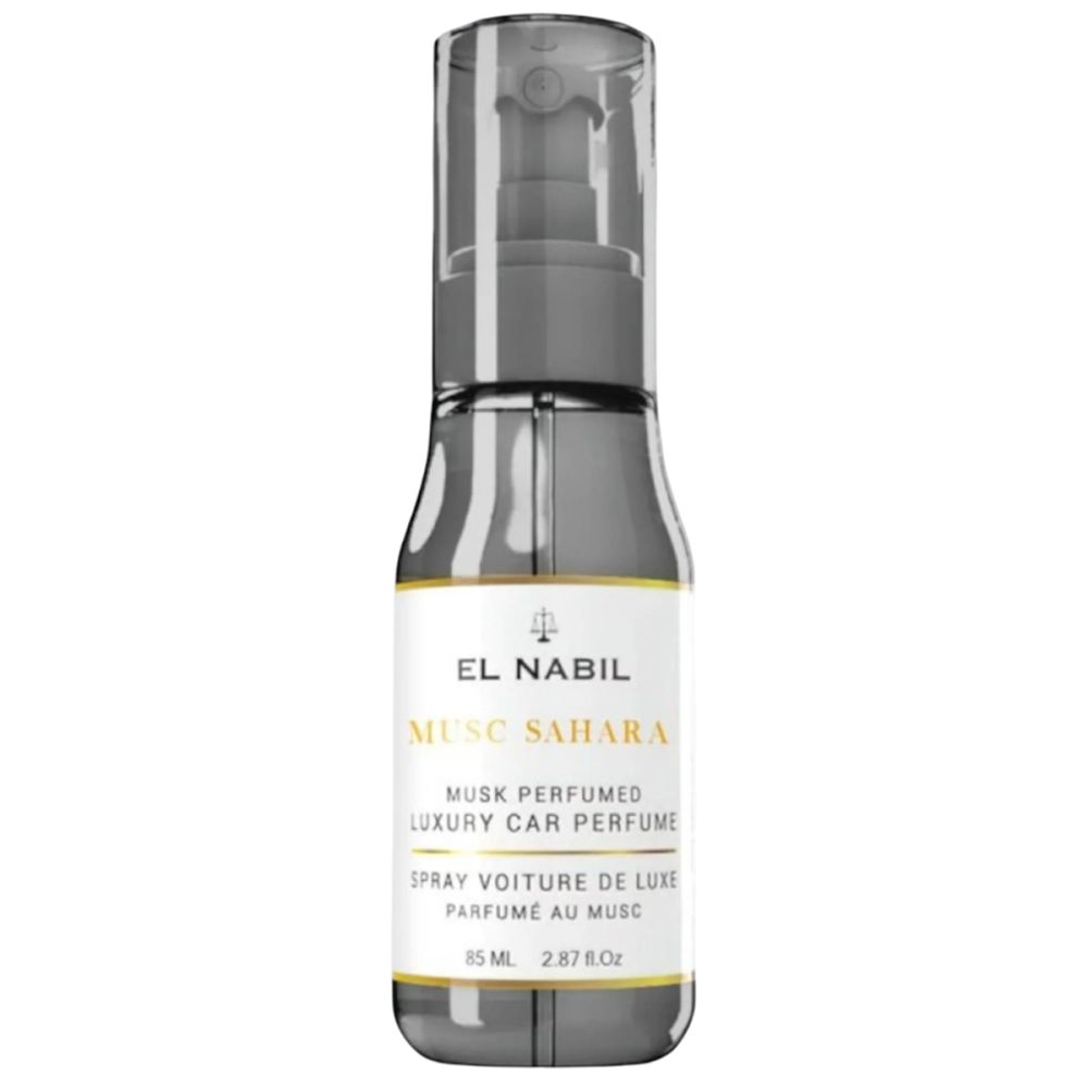 Flacon pulvérisateur gris avec étiquette blanche. Texte: EL NABIL, MUSC SAHARA, MUSK PERFUMED LUXURY CAR PERFUME, SPRAY VOITURE DE LUXE. 15 ml.