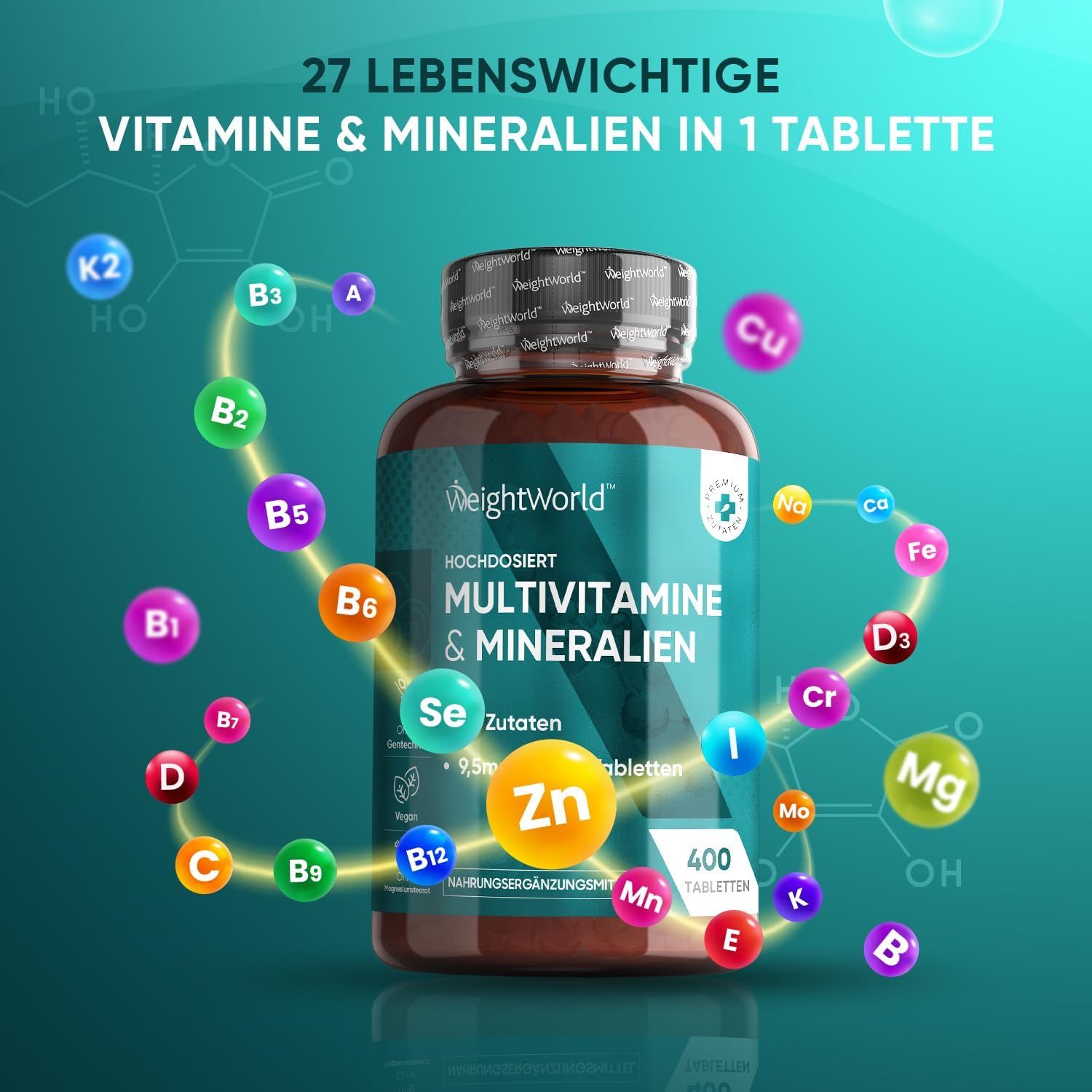 Bouteille de Multivitamines et Minéraux, entourée de symboles vitaminiques.