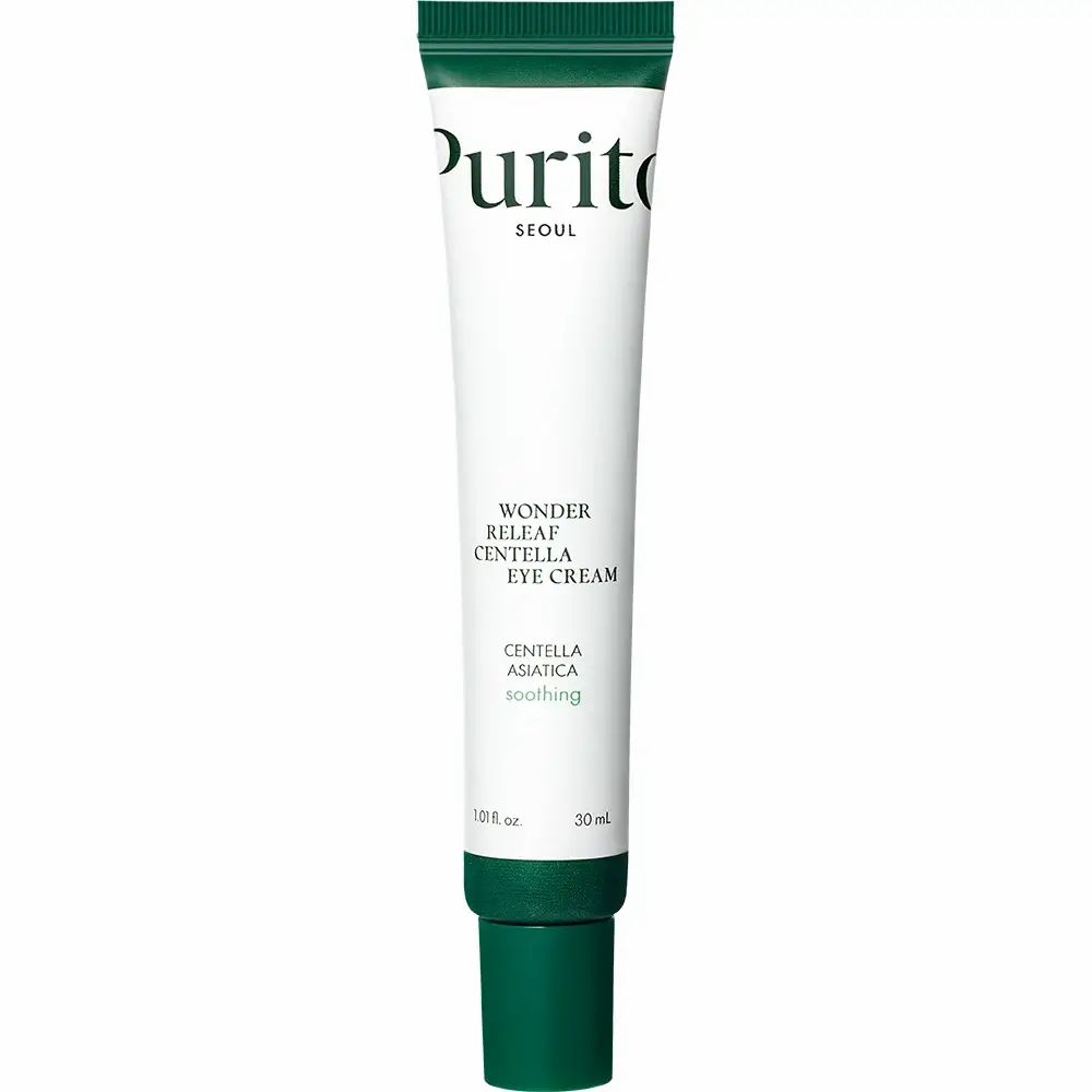 Witte tube met groene dop. Tekst: Wonder Releaf Centella Eye Cream. Merk PURITO. 30 ml.