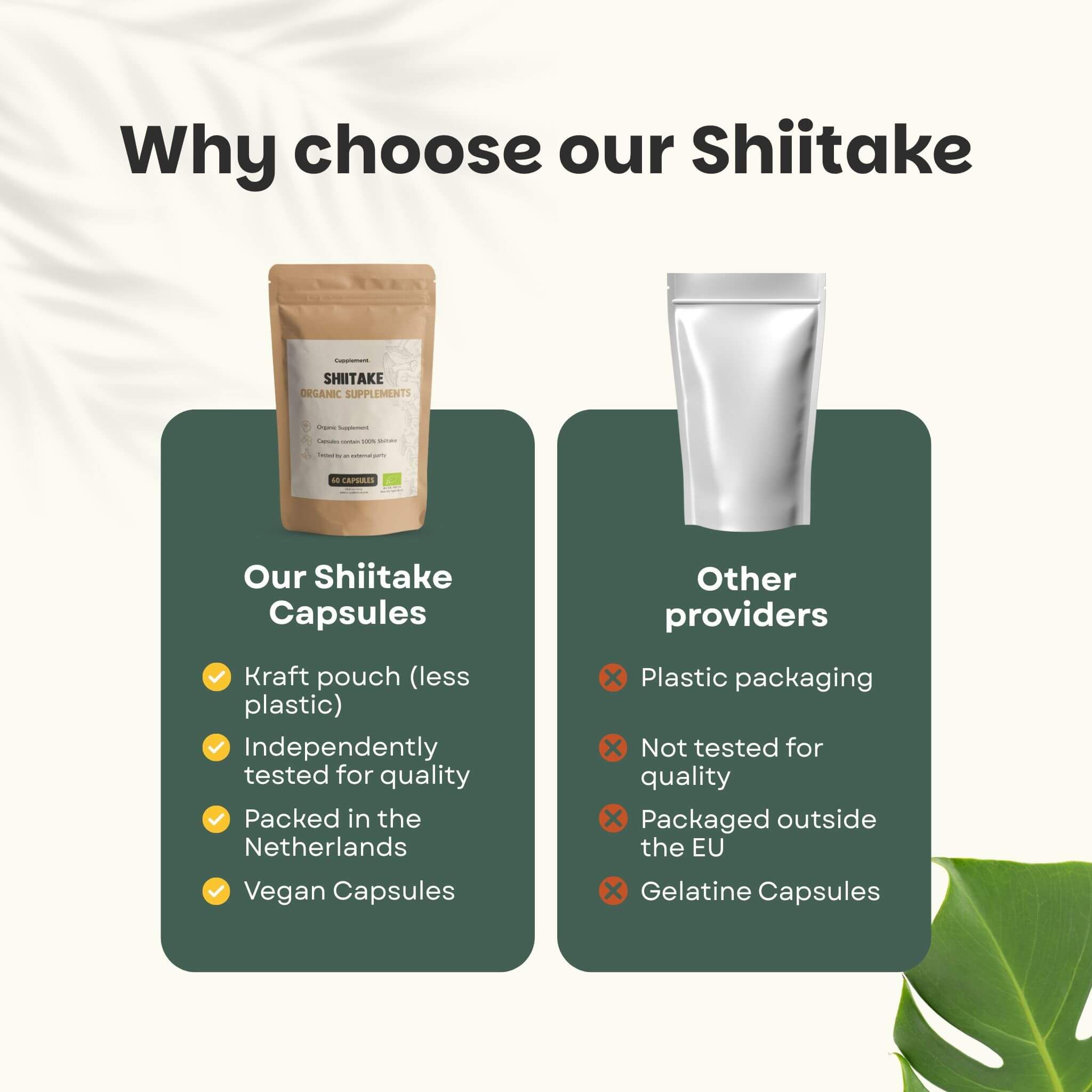 Comparaison : gélules de shiitake vs. autres fournisseurs. Sachet en papier kraft, gélules végétaliennes, qualité contrôlée.