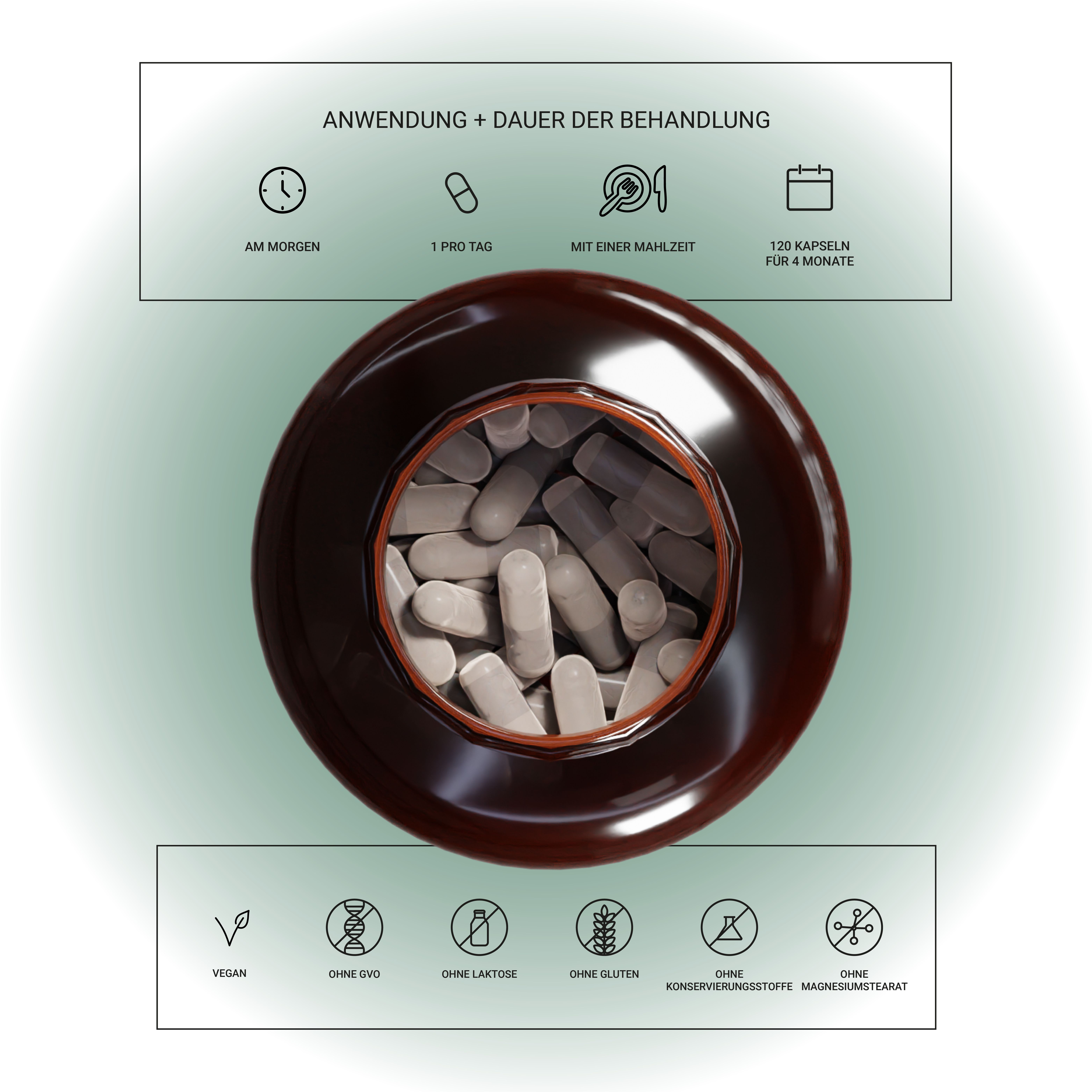 Bruine fles met capsules. Tekst: Gebruik + behandelingsduur. Vegan, zonder soja, lactose, gluten, conserveringsmiddelen, magnesiumstearaat.