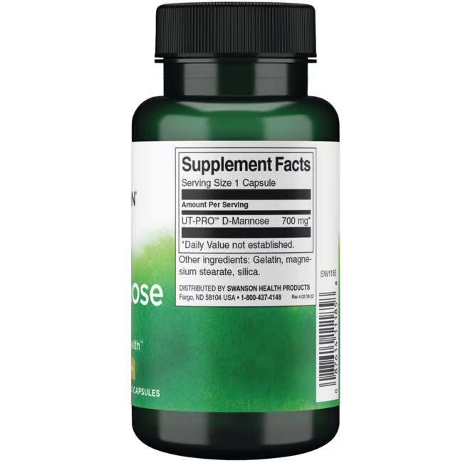 Dos d'une bouteille verte avec bouchon noir. Étiquette avec informations nutritionnelles et "UT-PRO D-Mannose 700 mg".