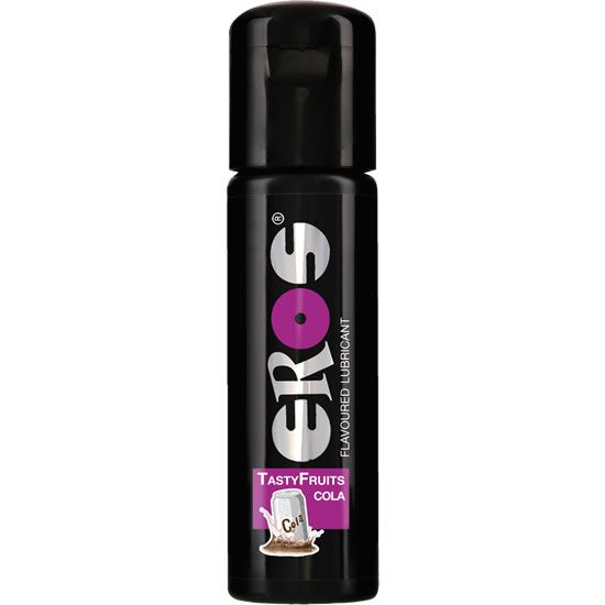 Flacon noir avec bouchon noir. Inscription EROS, Tasty Fruits Cola. Illustration d'un verre de cola.