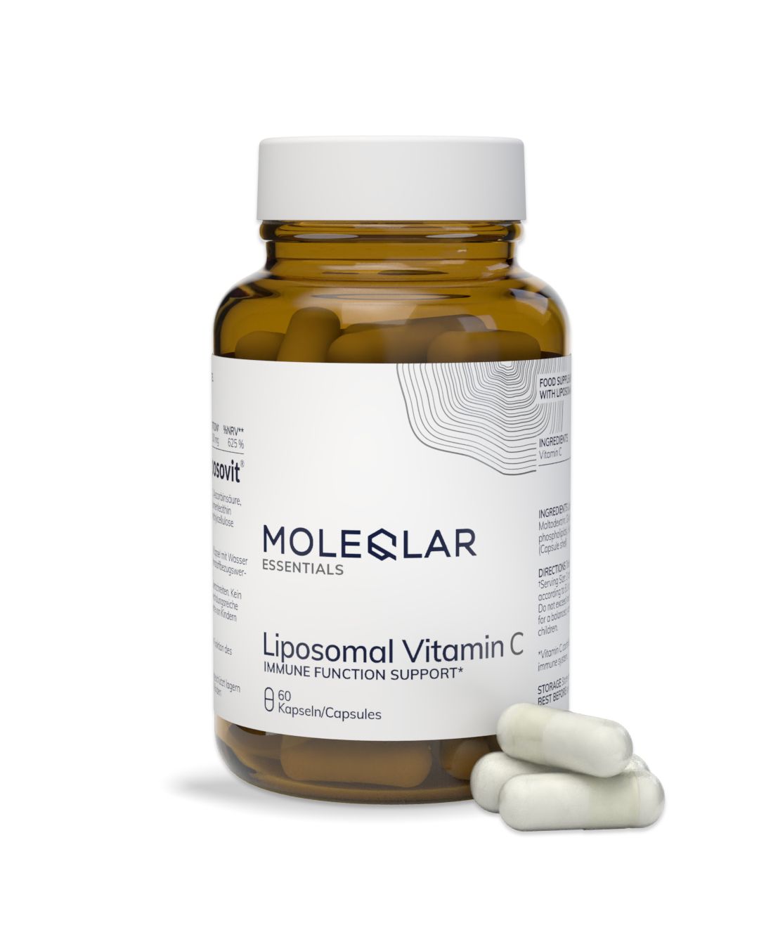 Flacon en verre brun contenant 60 gélules de vitamine C liposomale pour le soutien immunitaire.