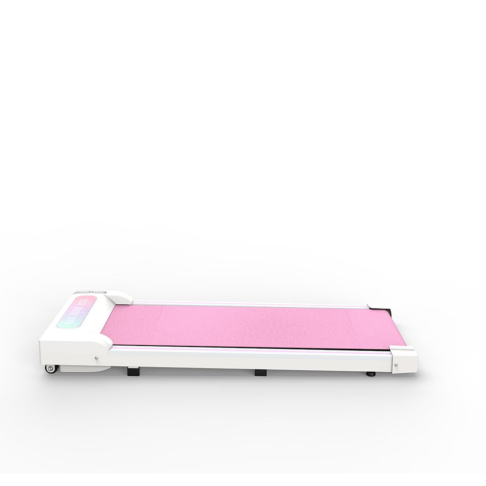 Tapis roulant pliable avec surface rose, cadre blanc et écran LED. Design compact.