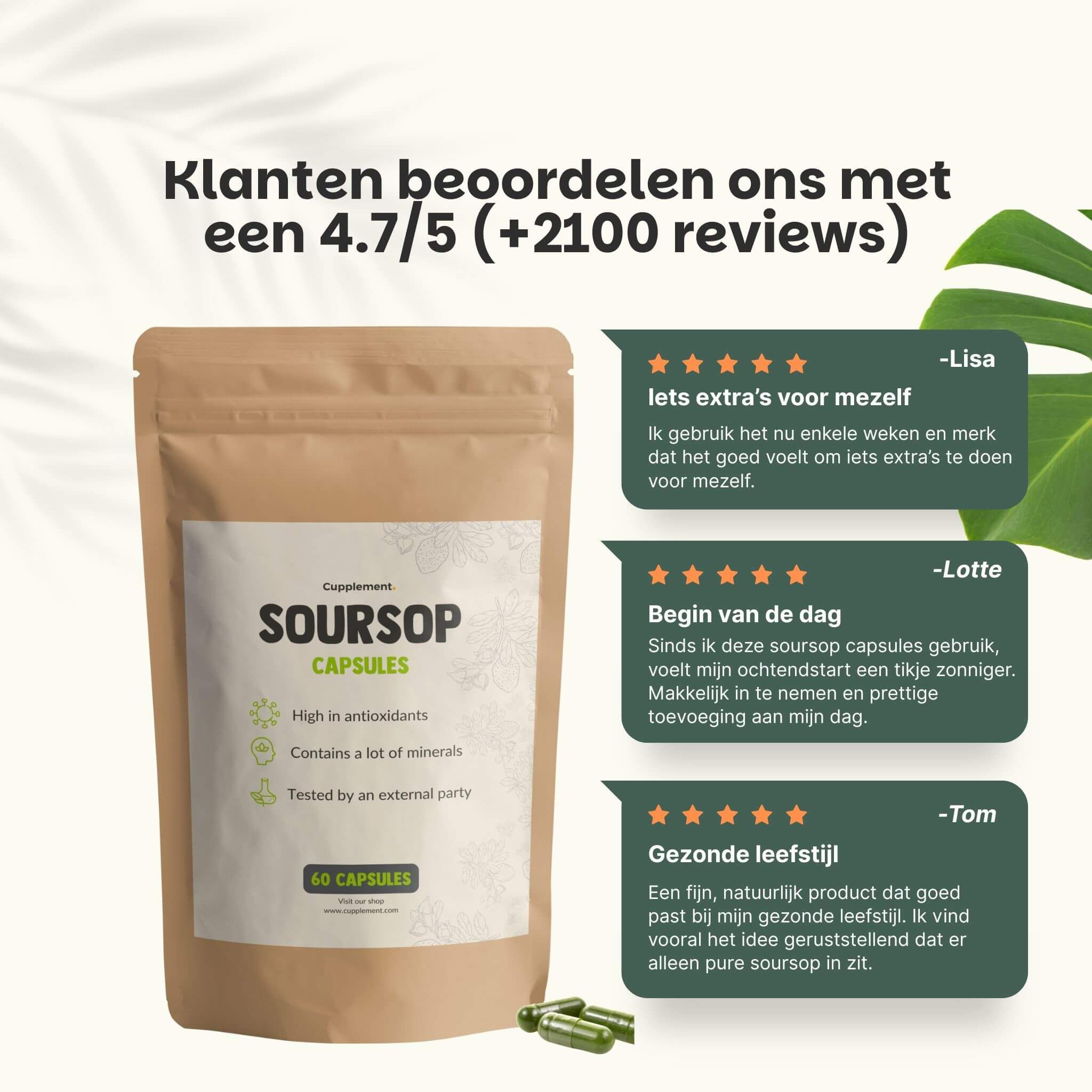 Bruine zakverpakking met wit etiket. Tekst: Soursop Capsules, 60 capsules. Klantbeoordeling 4,7/5. 3 getuigenissen.
