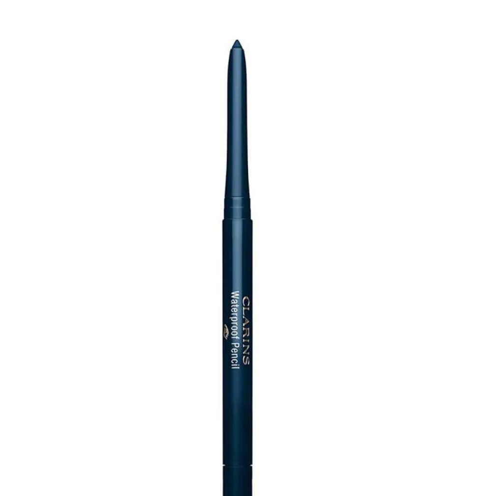 Crayon pour les yeux bleu, CLARINS Waterproof Pencil. Inscription. Fond blanc.