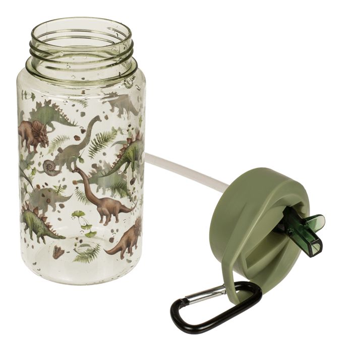 Drinkfles met dinosaurusmotief, open dop en rietje. Dop met karabijnhaak. Fles zonder dop.