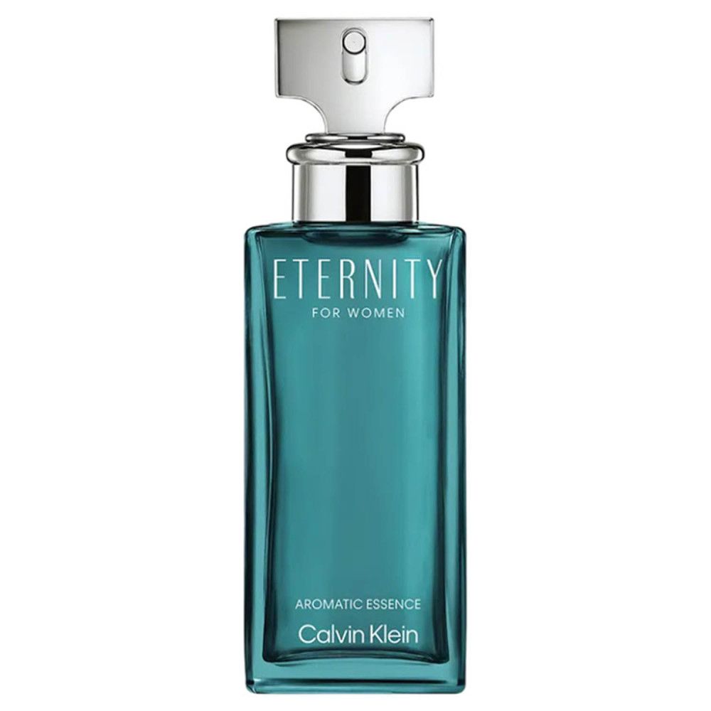 Flacon rectangulaire, bleu-vert, bouchon argenté. Inscription Eternity, Calvin Klein. Essence aromatique.