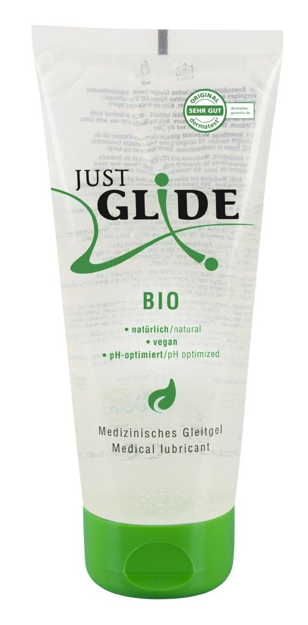 Tube avec bouchon vert. Nom du produit : Just Glide *Bio*. Texte : naturel/natural, vegan, pH-optimisé/pH optimized.