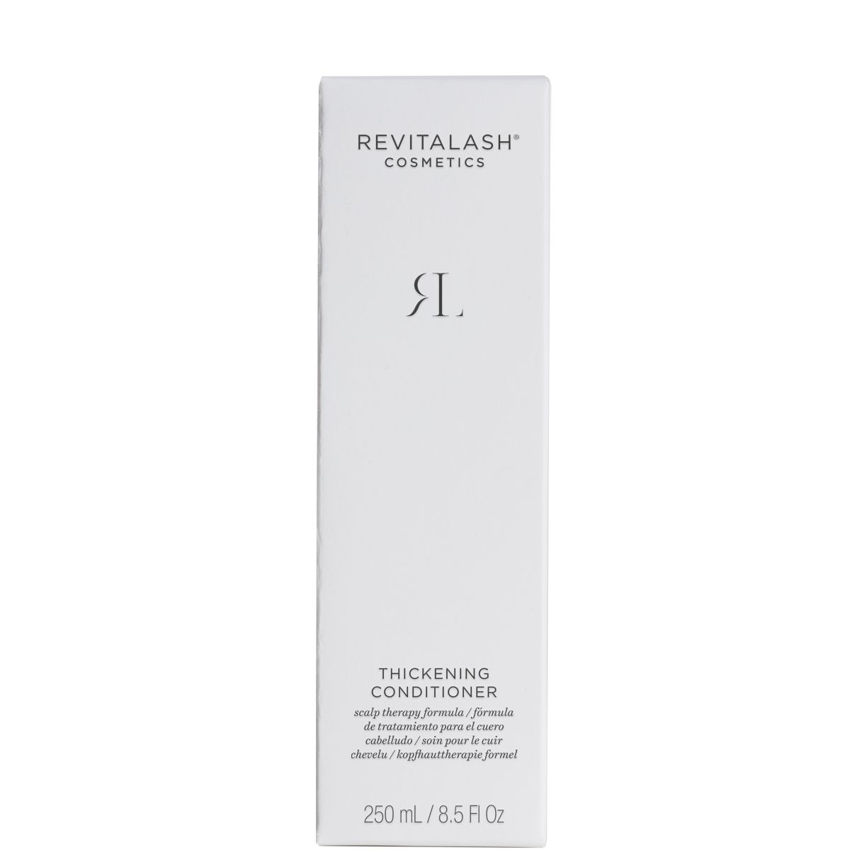 Witte verpakking met opschrift: RevitaLash Cosmetics, logo, Thickening Conditioner, 250 ml / 8.5 Fl Oz.