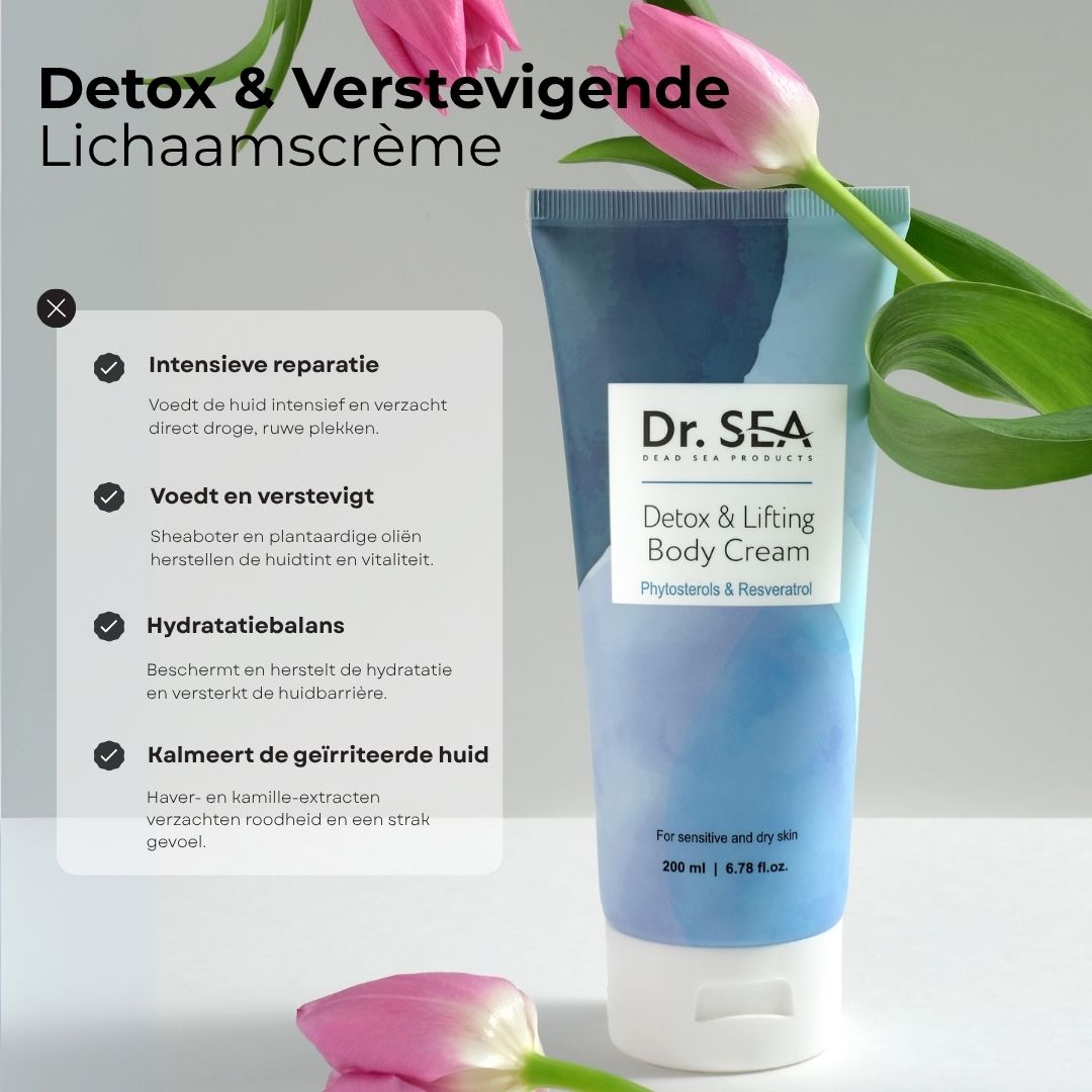 Blauw-witte crème tube. Tekst: Dr. SEA, Detox & Lifting Body Cream. Bevat fytosterolen & resveratrol.