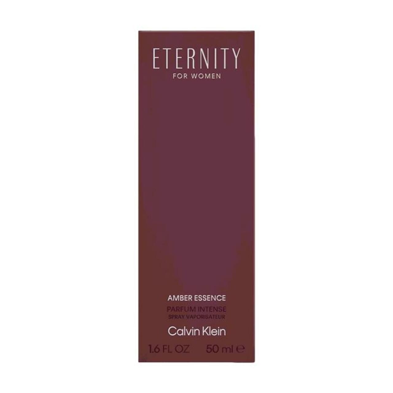 Rechthoekige verpakking, bruin. Tekst: ETERNITY FOR WOMEN, AMBER ESSENCE, PARFUM INTENSE, Calvin Klein.