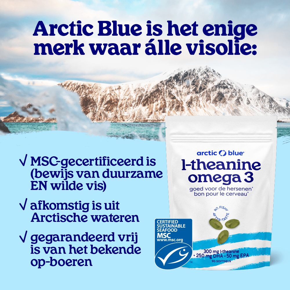 Verpakking Arctic Blue L-Theanine Omega-3 met MSC-keurmerk en tekst over duurzame visserij.