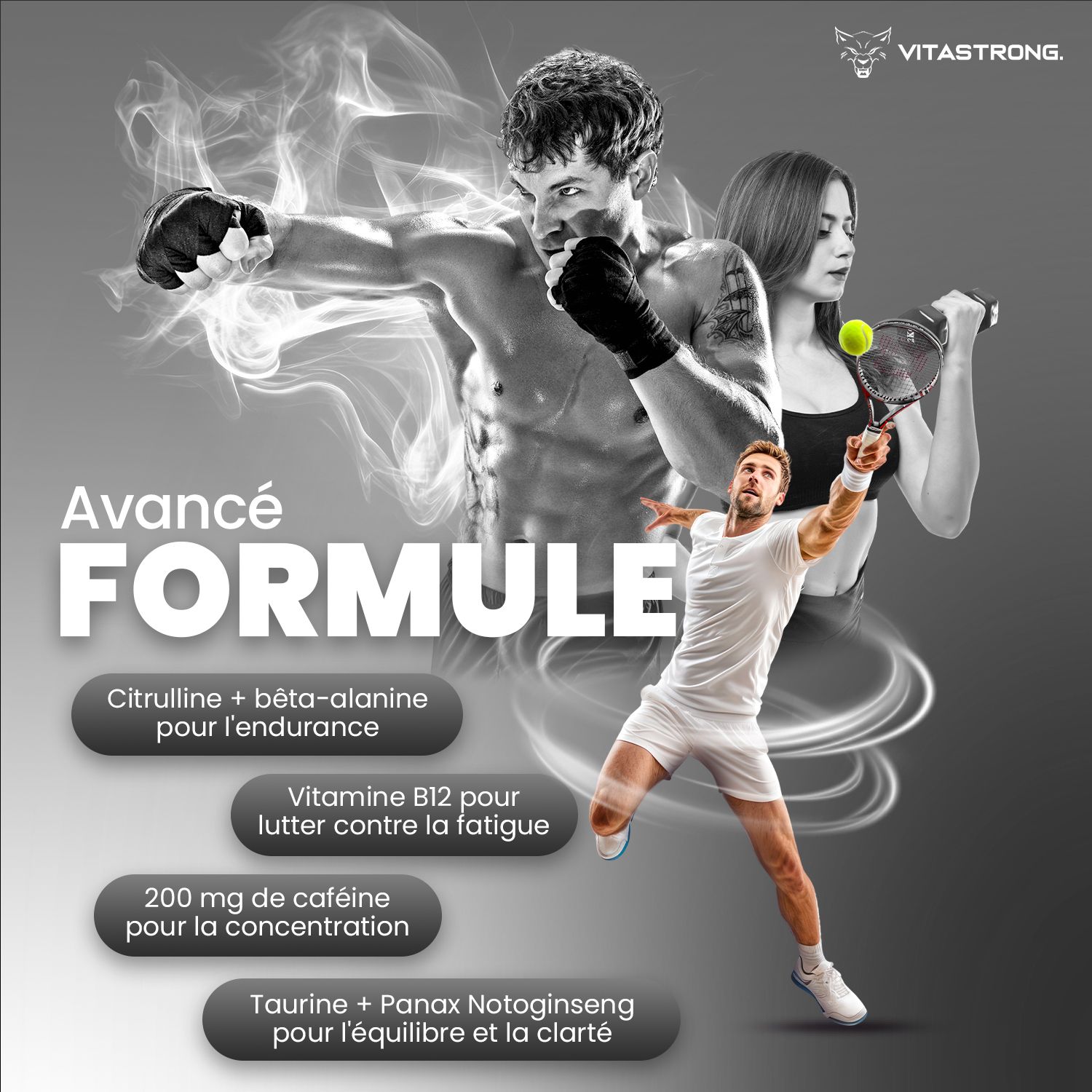 Reclamebeeld met atleten en tekst. Tekst: Geavanceerde formule. Ingrediënten.
