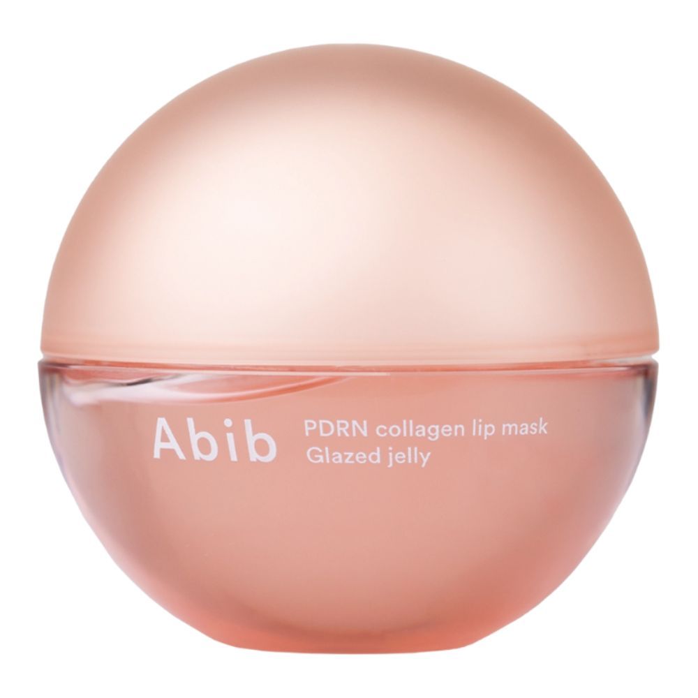 Abib PDRN Collagen Lip Mask Glazed Jelly dans un pot rond transparent avec un couvercle rose.