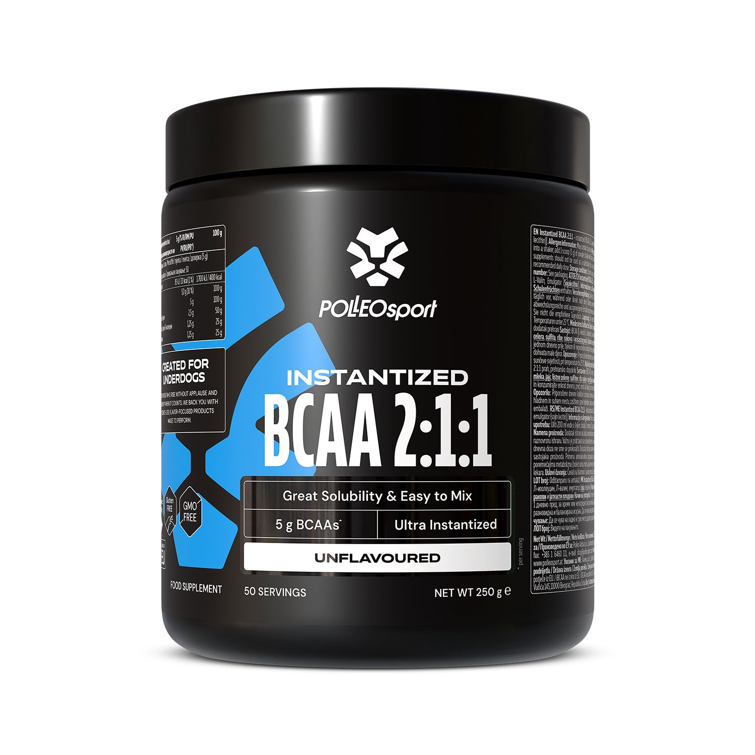 Zwarte pot met wit logo. Opschrift: Instantized BCAA 2:1:1. Bevat 5g BCAA. "Unflavoured". 50 porties. Netto gewicht 250g.