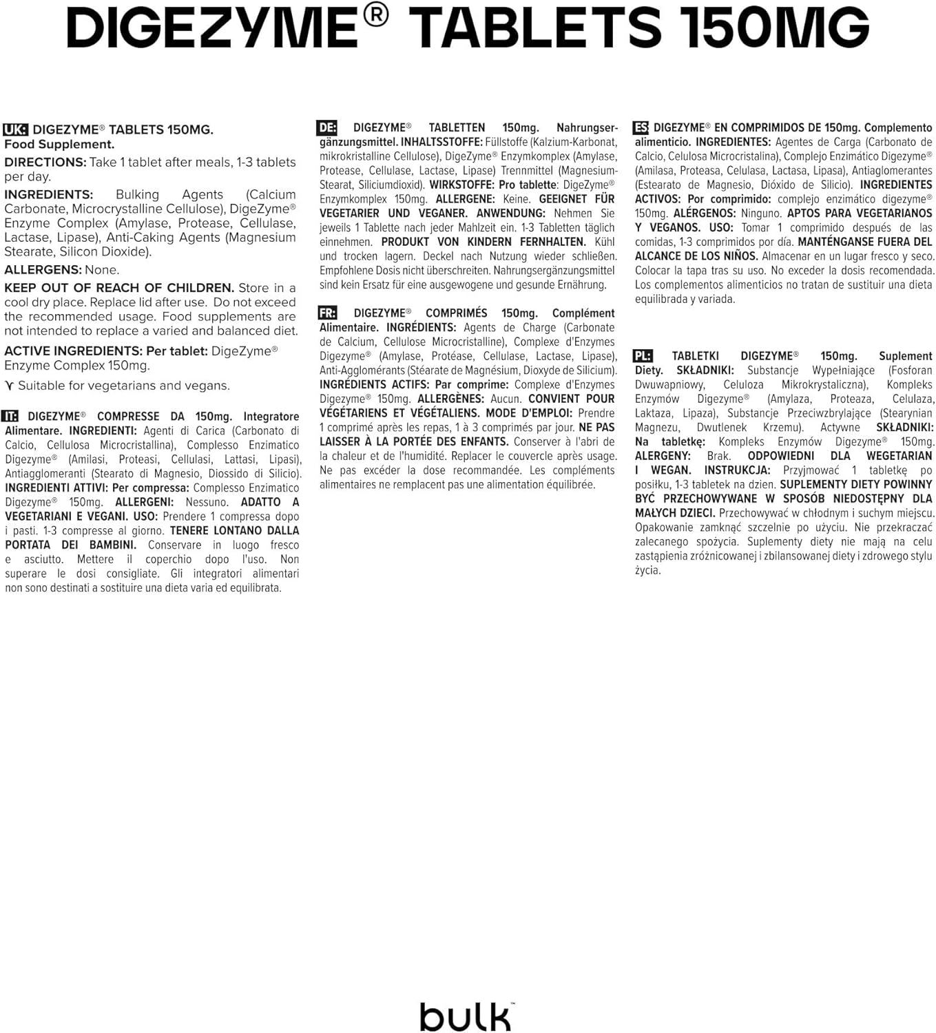 Étiquette blanche avec texte. "DIGEZYME® TABLETS 150MG" et informations en plusieurs langues.