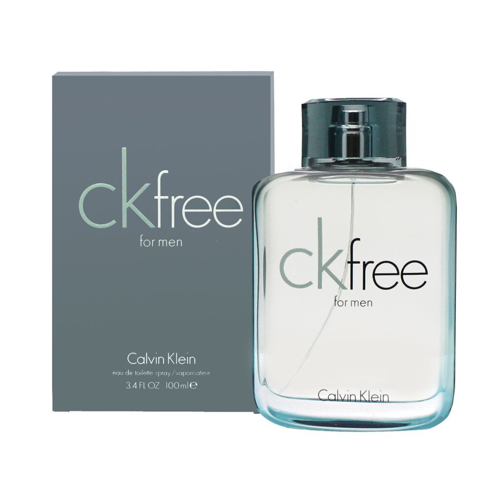 Flacon et boîte ckfree for men. Inscription: ckfree for men, Calvin Klein. Flacon transparent, boîte grise.