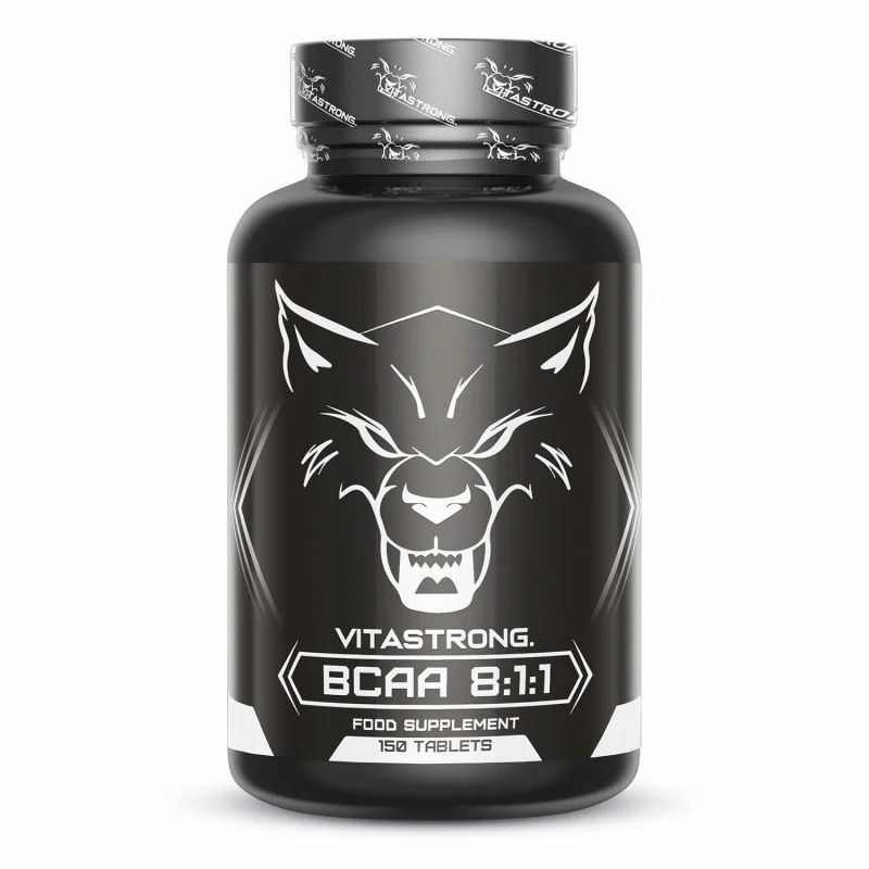 Zwarte fles Vitastrong BCAA 8:1:1. 150 tabletten. Wolf logo. Voedingssupplement.