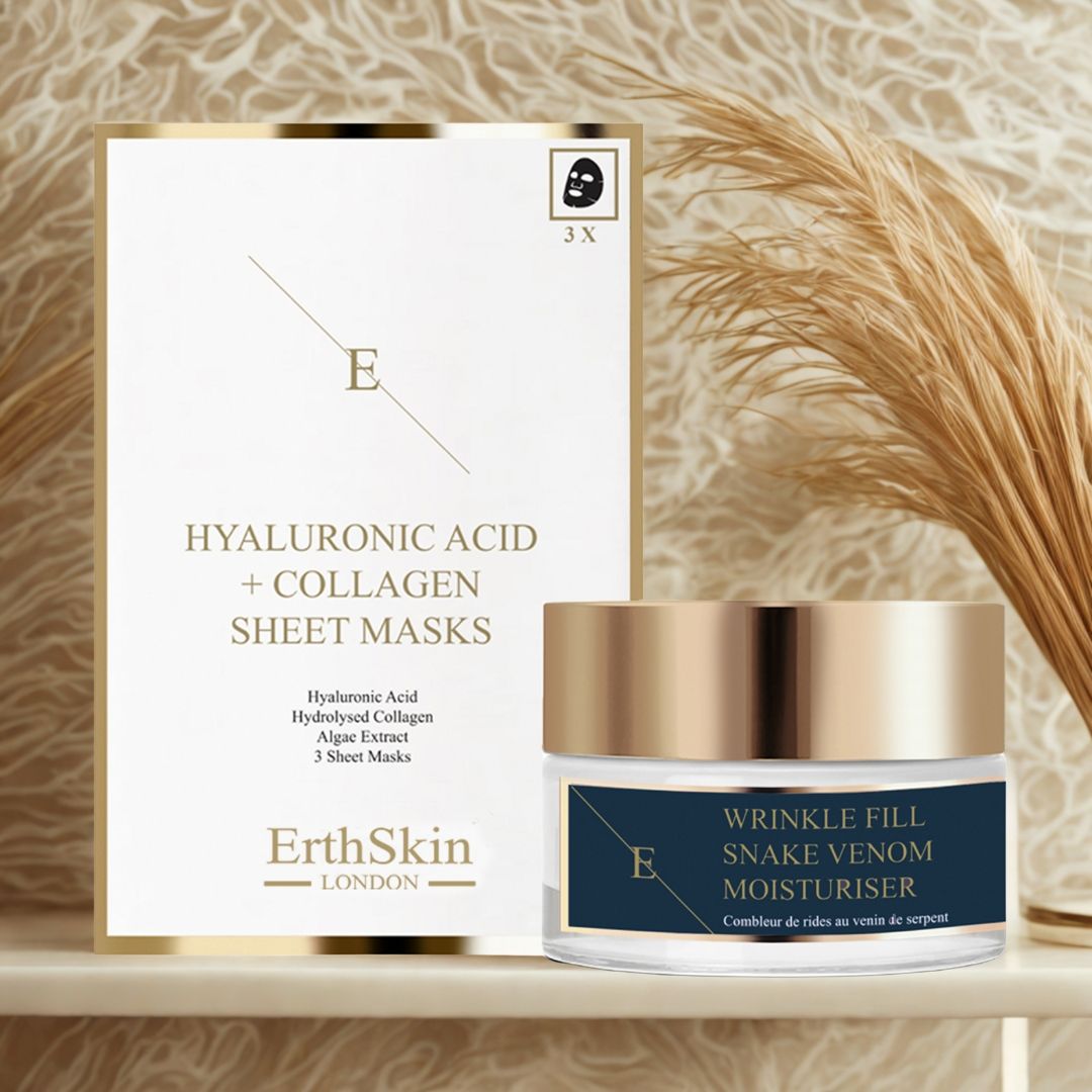 Crèmepot en masker verpakking. Opschrift: ErthSkin London. Masker verpakking met 3 maskers. Opschrift: Rimpel vullende slangengif moisturizer.