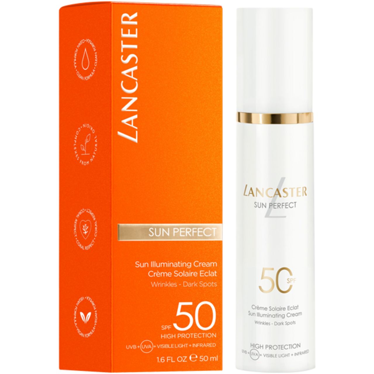 Product en verpakking. Wit product met gouden ring. Tekst: Lancaster, Sun Perfect, SPF 50, Crème Solaire Eclat, Wrinkles - Dark Spots.