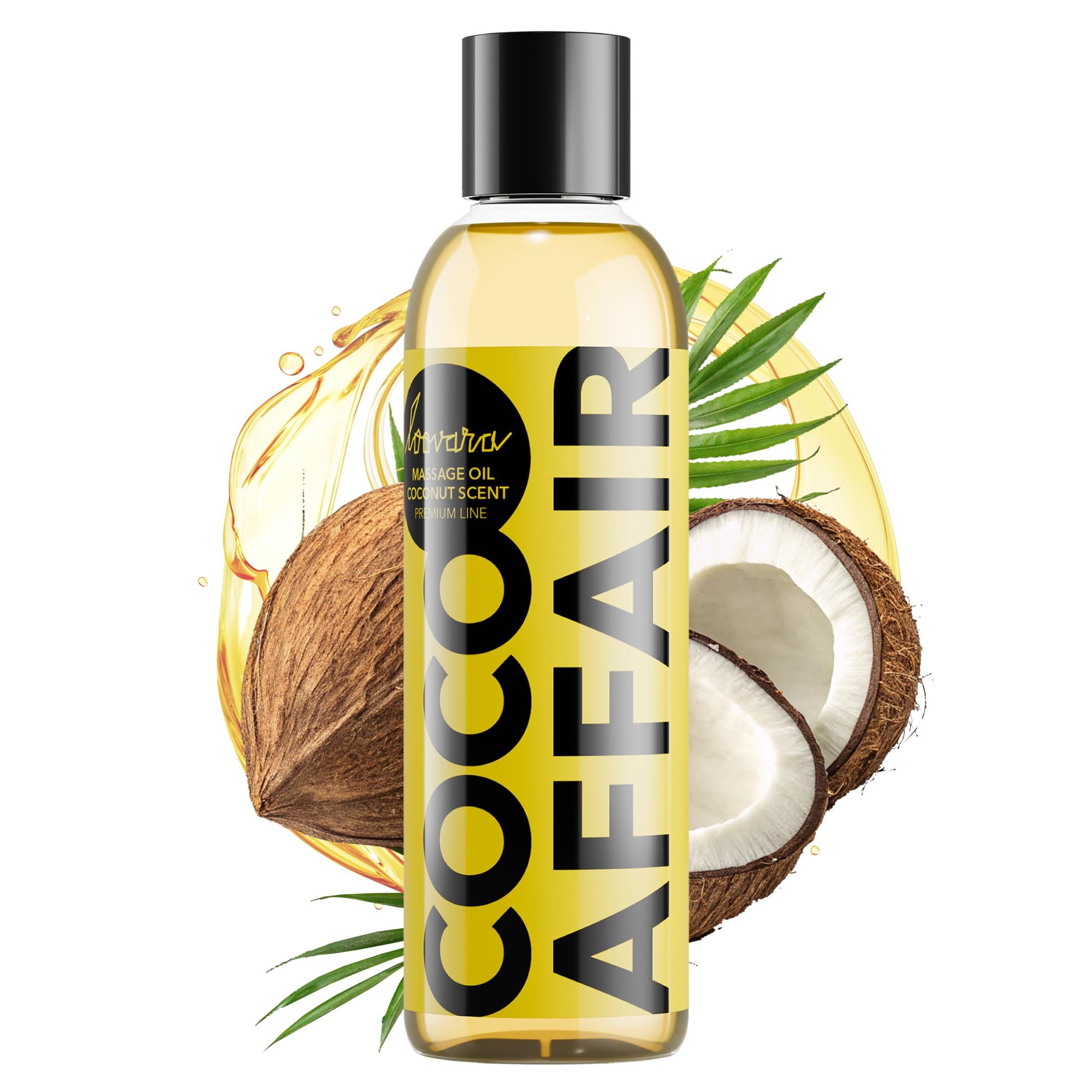 Fles met gele massageolie, kokosgeur. Kokosnoten en palmbladeren op de achtergrond.