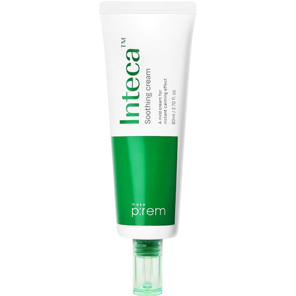 Witte tube met groene streep en tekst 'Inteca Soothing cream'. Groene dop.