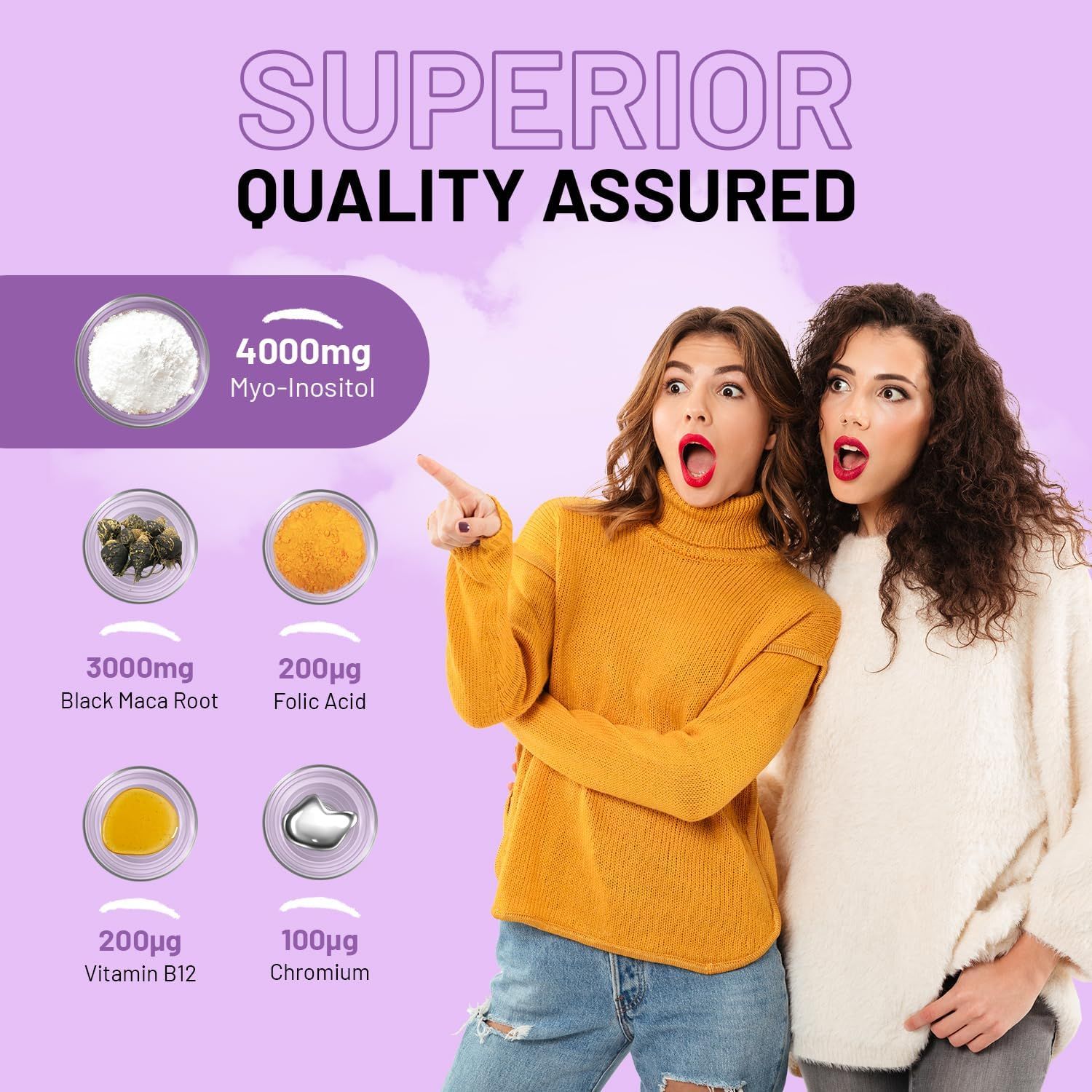 Deux femmes pointent des ingrédients: 4000mg Myo-Inositol, 3000mg Black Maca Root, 200µg Acide folique, 200µg Vitamine B12, 100µg Chrome. Fond violet.