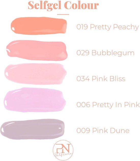 Palette de couleurs PN Selfgel Colour. Différentes nuances de rose. Inscription: 006 Pretty In Pink. Logo PN Selfcare.