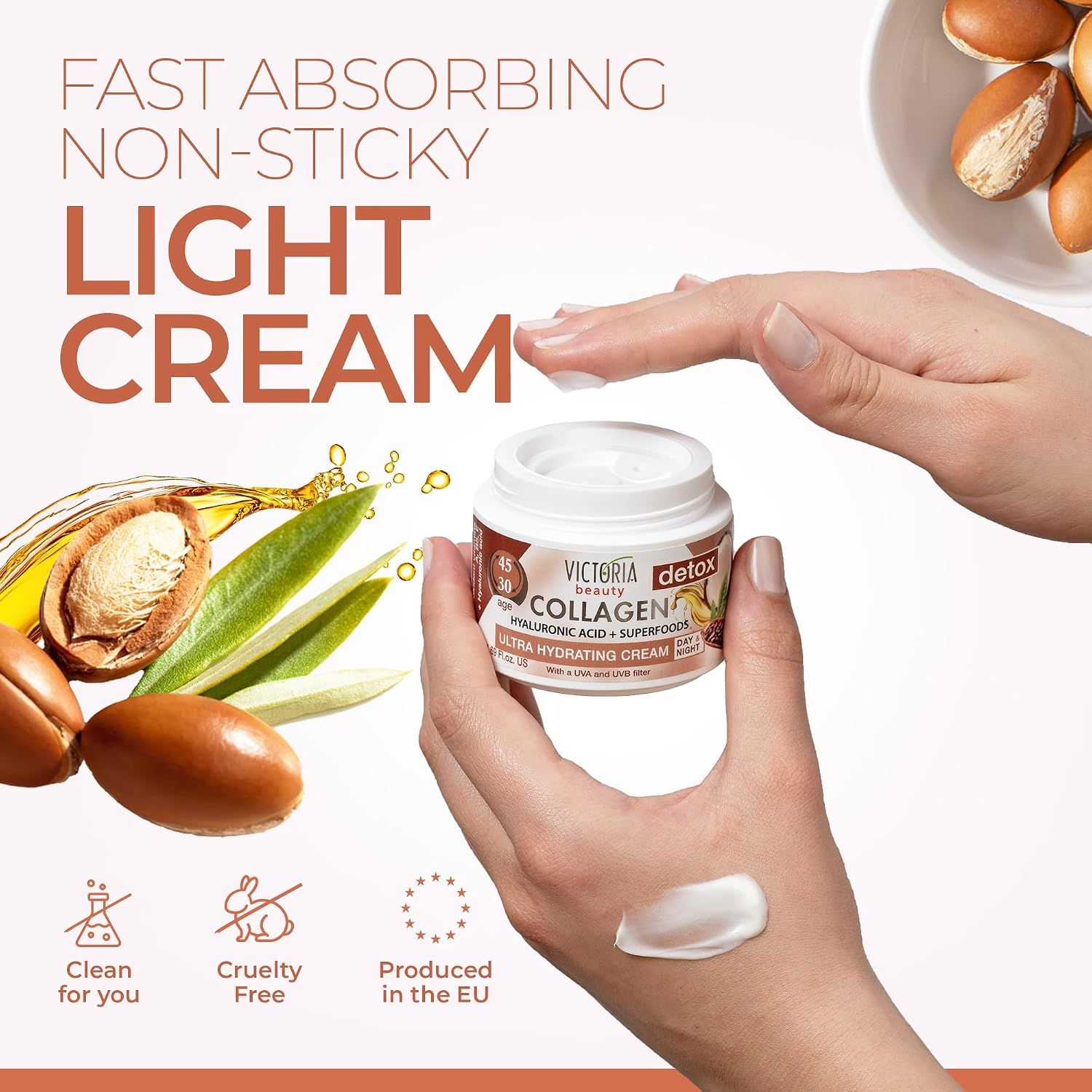 Een vrouw brengt Victoria Beauty Collageencrème aan voor een stevigere, jongere huid.
